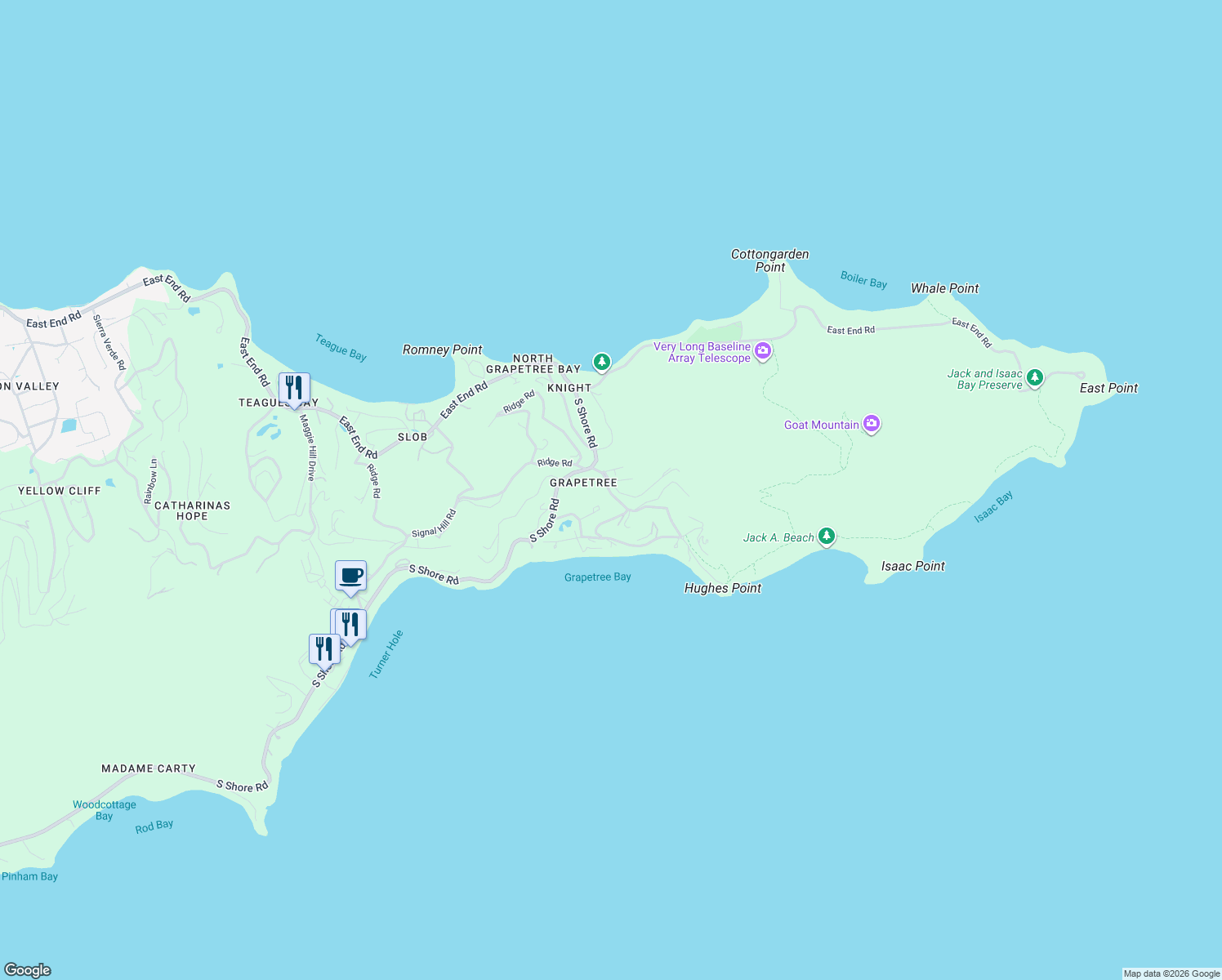 map of restaurants, bars, coffee shops, grocery stores, and more near Sugar Bird Road in Christiansted