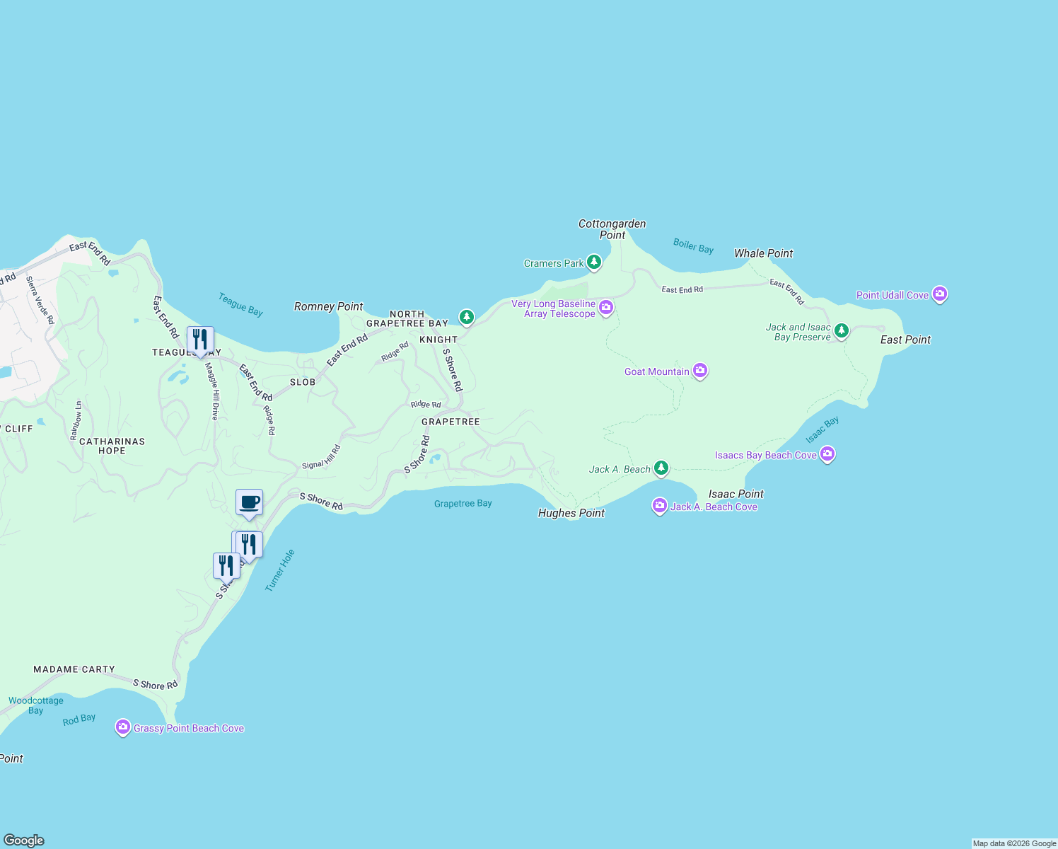 map of restaurants, bars, coffee shops, grocery stores, and more near Deer Hill Road in Christiansted