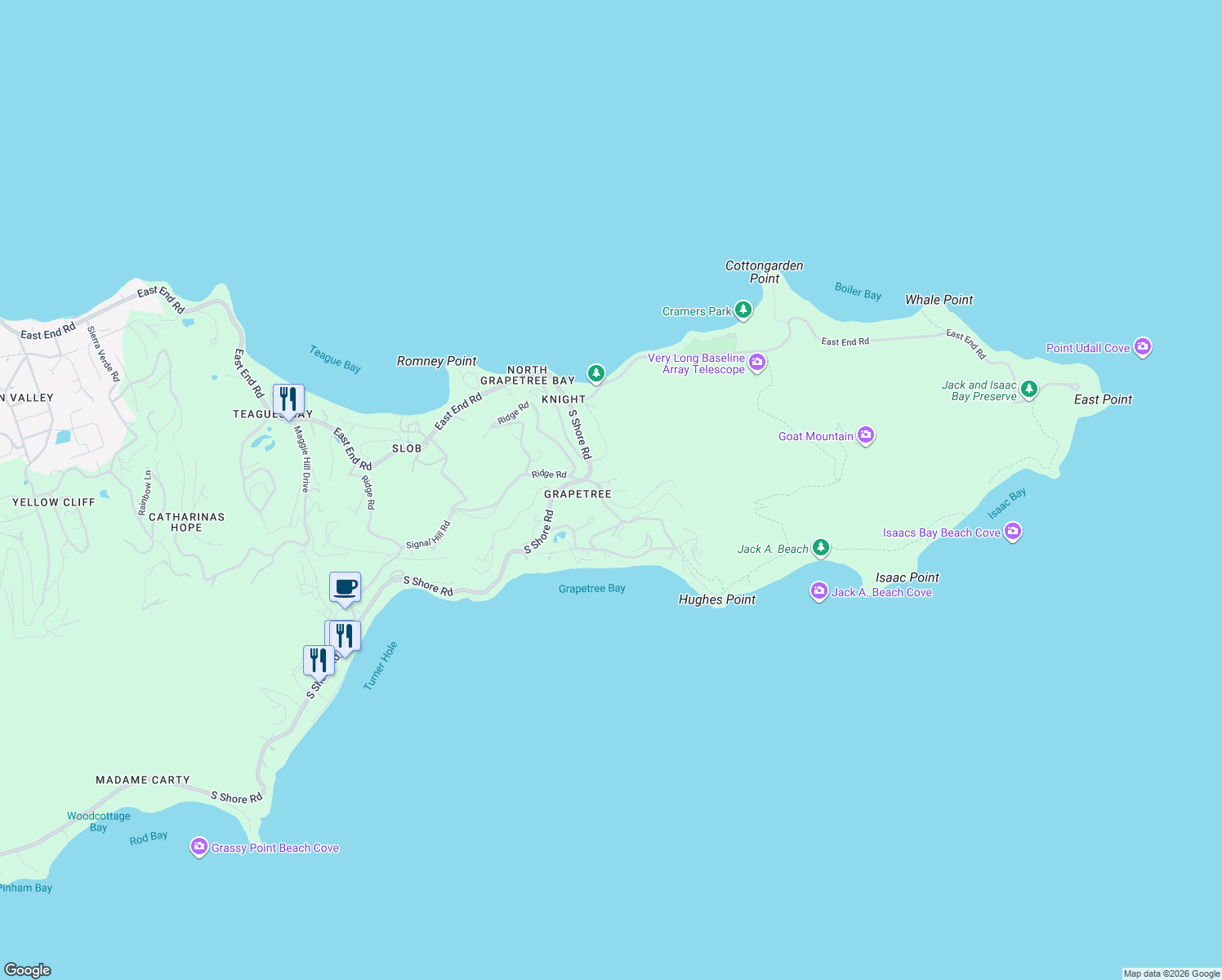map of restaurants, bars, coffee shops, grocery stores, and more near Sprat Road in Christiansted