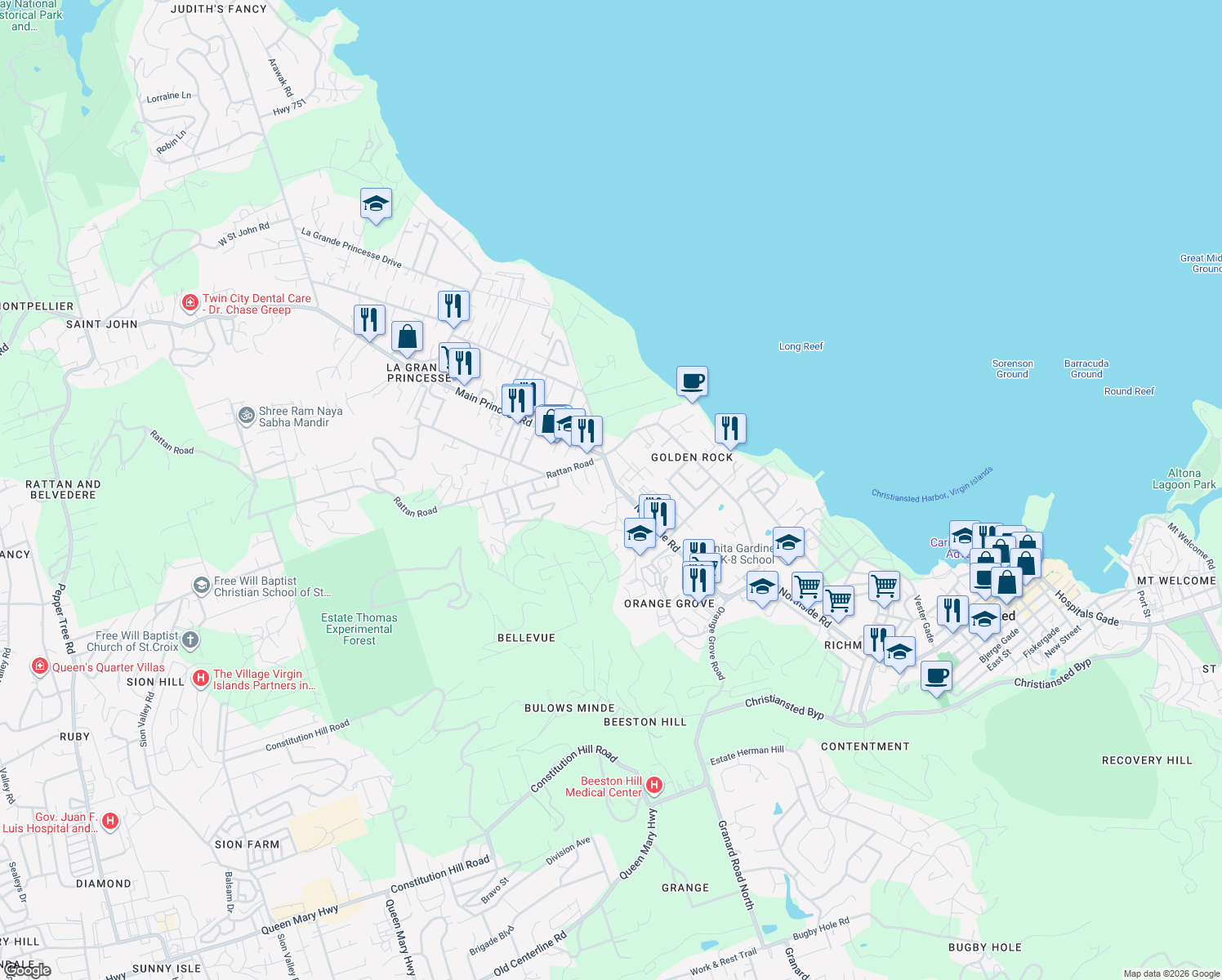 map of restaurants, bars, coffee shops, grocery stores, and more near Northside Road in Christiansted