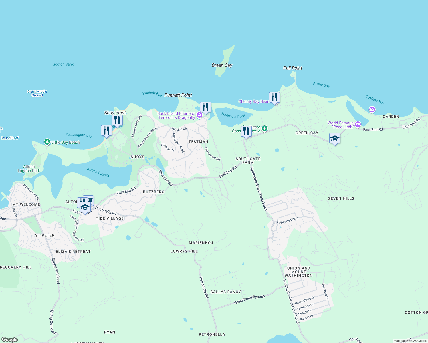 map of restaurants, bars, coffee shops, grocery stores, and more near East End Road in Christiansted
