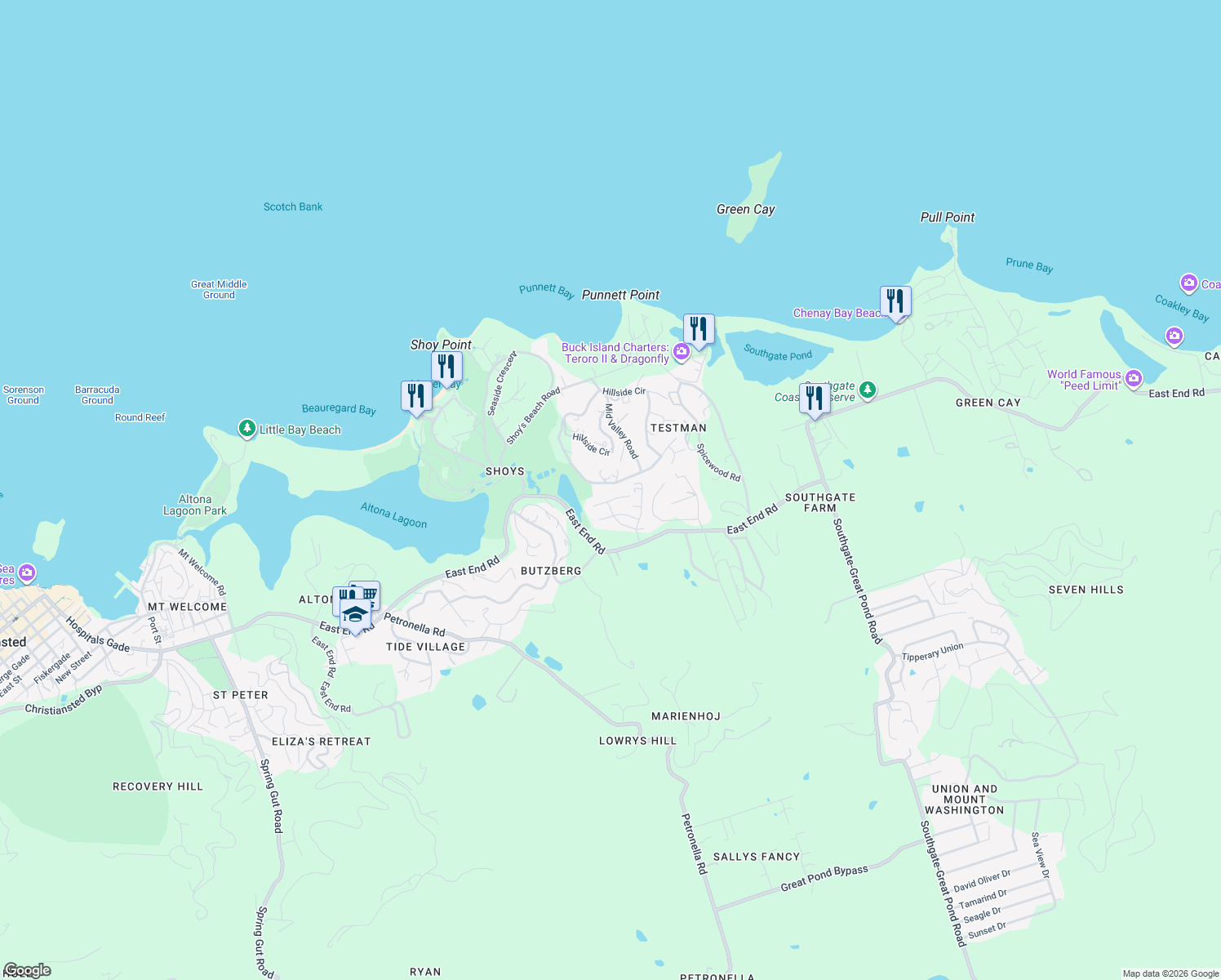 map of restaurants, bars, coffee shops, grocery stores, and more near East End Road in Christiansted