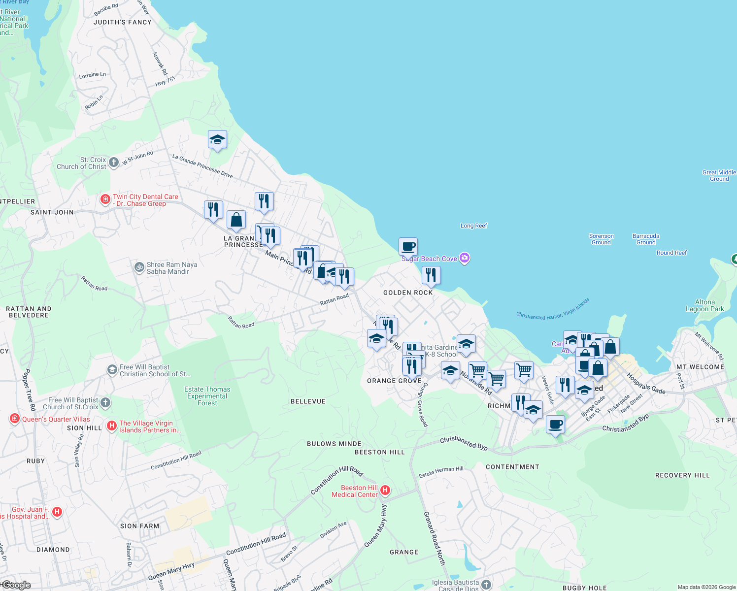 map of restaurants, bars, coffee shops, grocery stores, and more near Northside Road in Christiansted