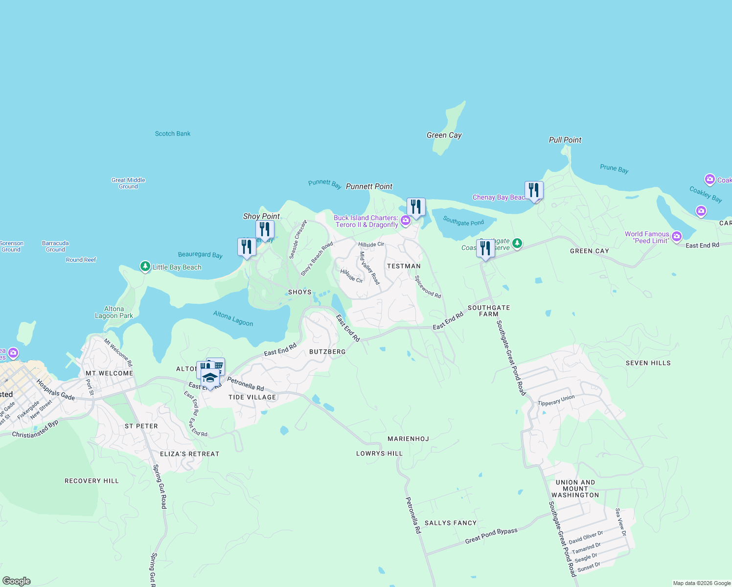 map of restaurants, bars, coffee shops, grocery stores, and more near East End Road in Christiansted