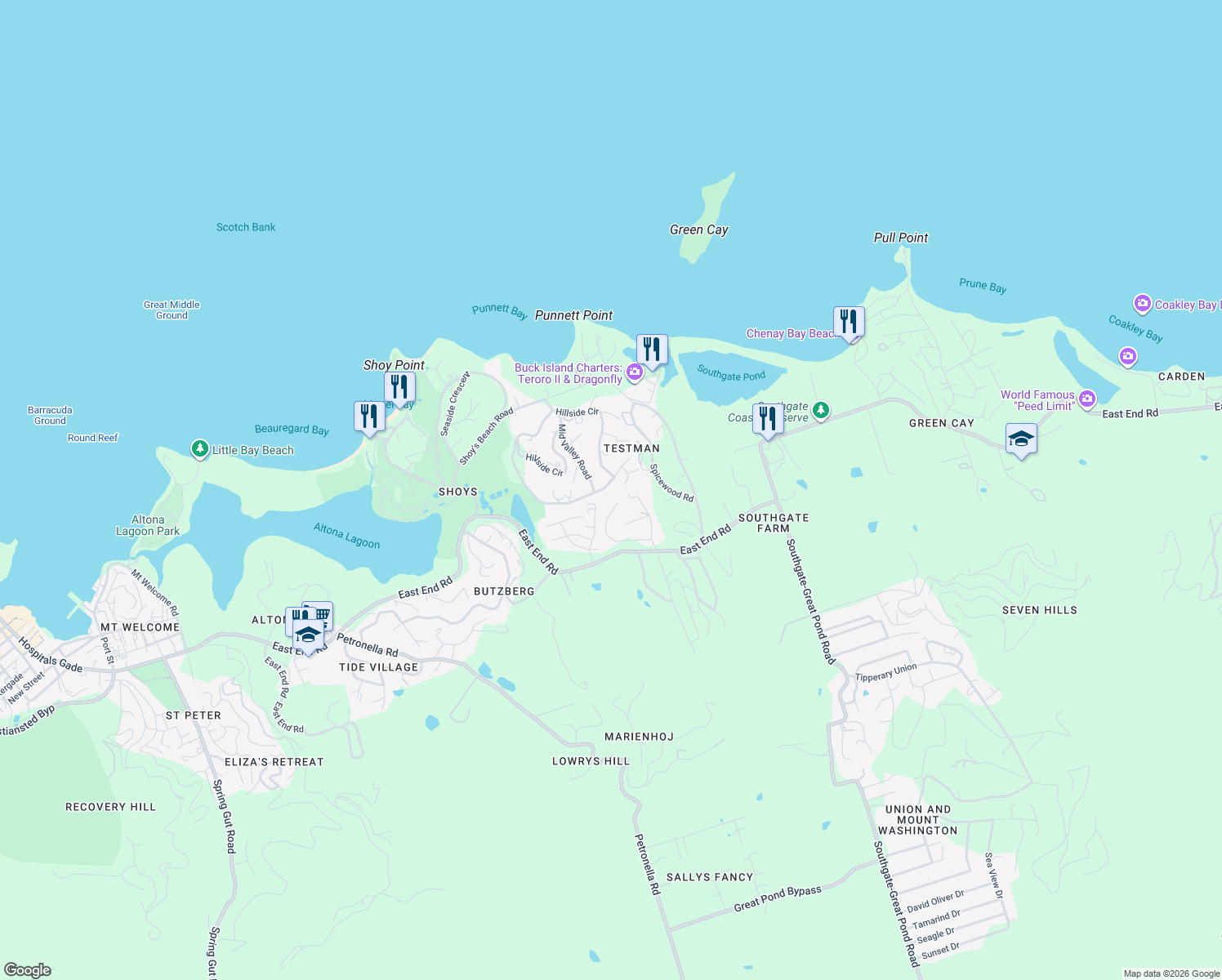 map of restaurants, bars, coffee shops, grocery stores, and more near East End Road in Christiansted