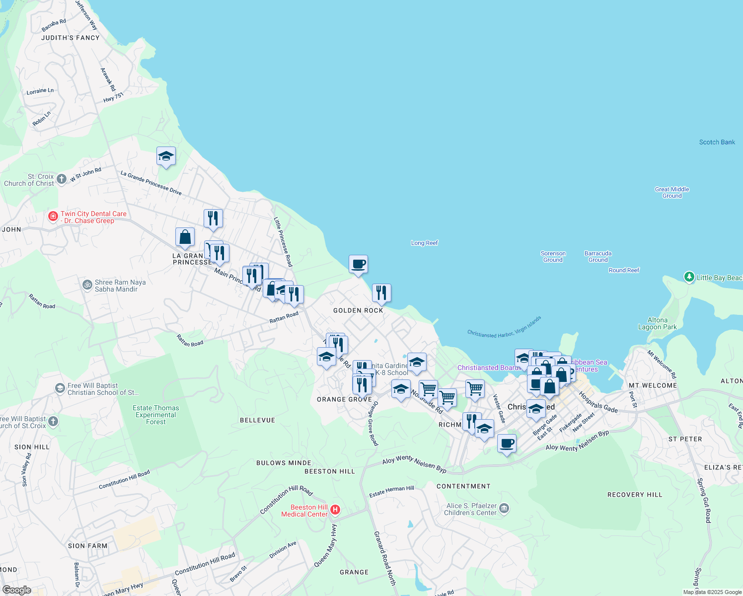 map of restaurants, bars, coffee shops, grocery stores, and more near 3245 Estate Golden Rock in Christiansted