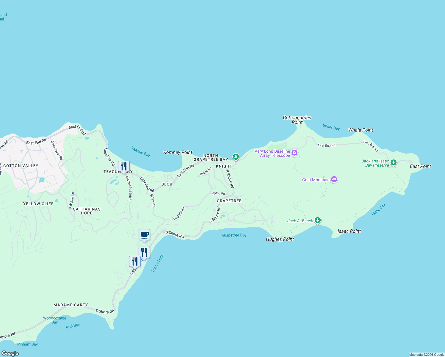 map of restaurants, bars, coffee shops, grocery stores, and more near 50 Hilltop Circle in Christiansted