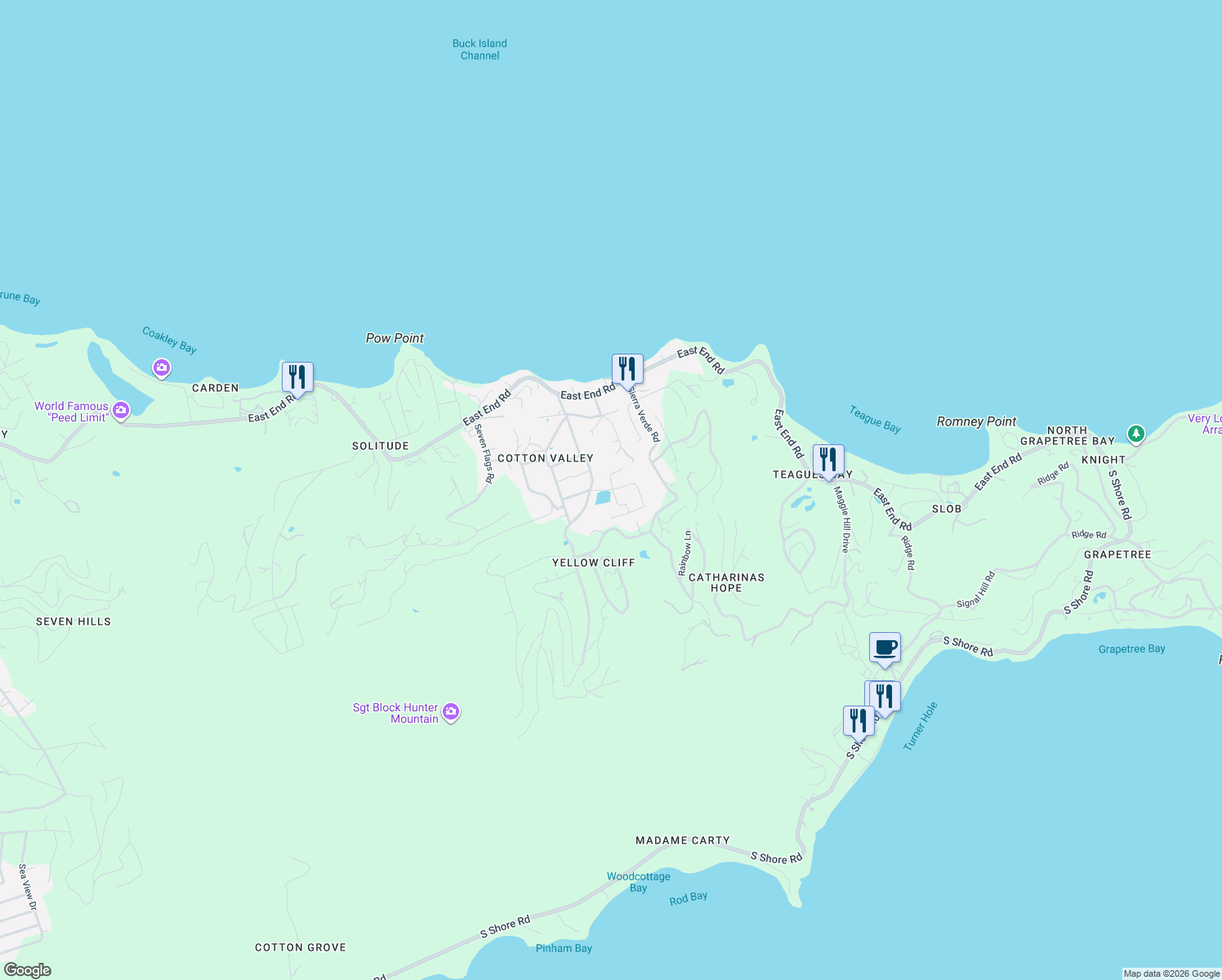 map of restaurants, bars, coffee shops, grocery stores, and more near Sierra Vierde Road in Christiansted