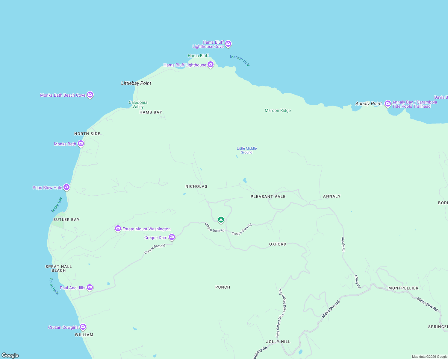 map of restaurants, bars, coffee shops, grocery stores, and more near in Frederiksted Southeast