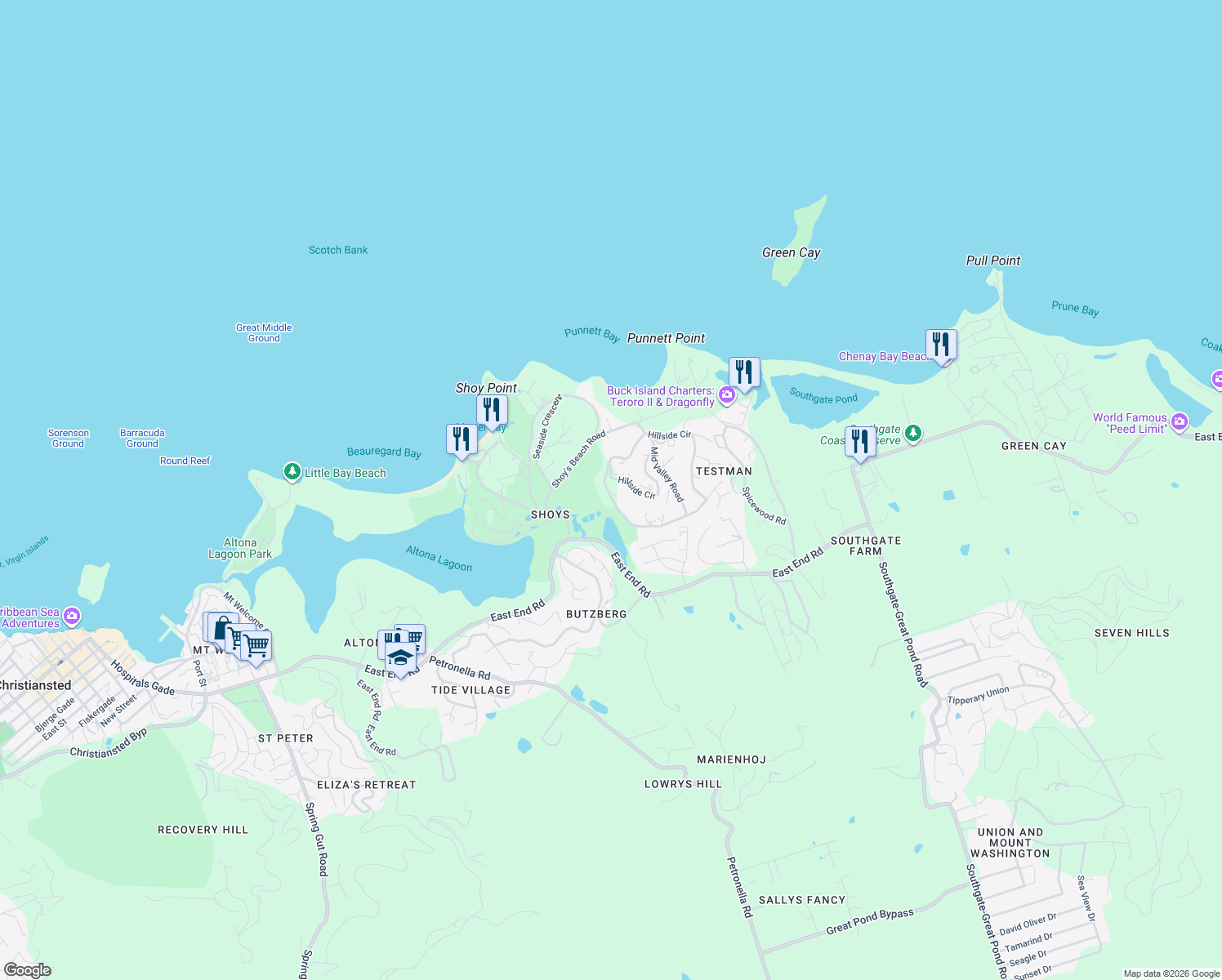 map of restaurants, bars, coffee shops, grocery stores, and more near in Christiansted