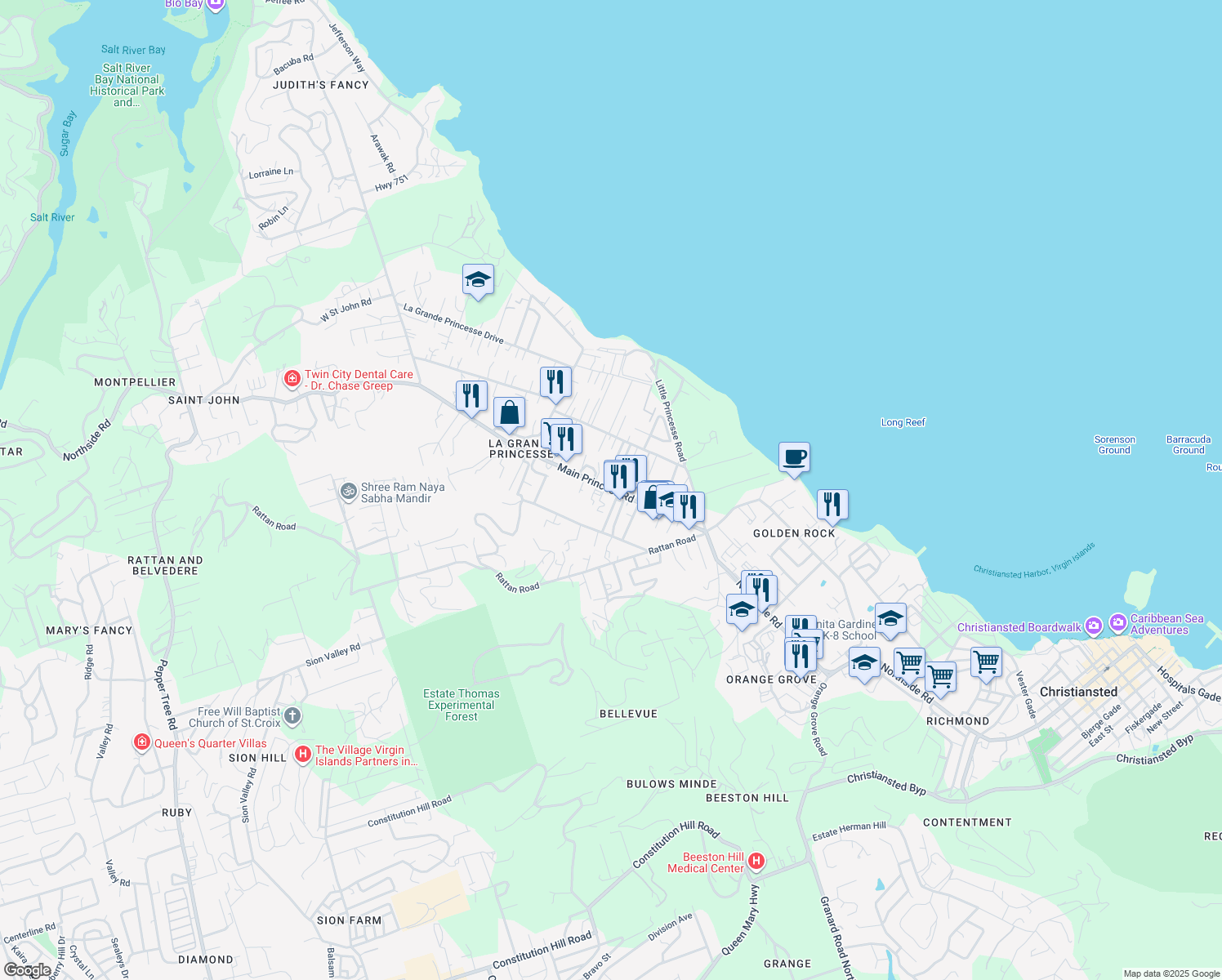 map of restaurants, bars, coffee shops, grocery stores, and more near Main Princess Rd in Sion Farm