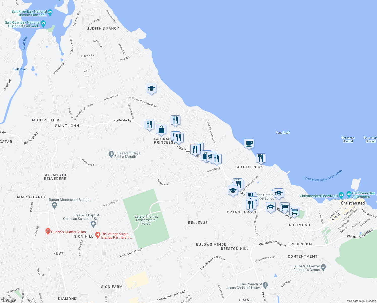 map of restaurants, bars, coffee shops, grocery stores, and more near 14 Main Princess Road in Christiansted