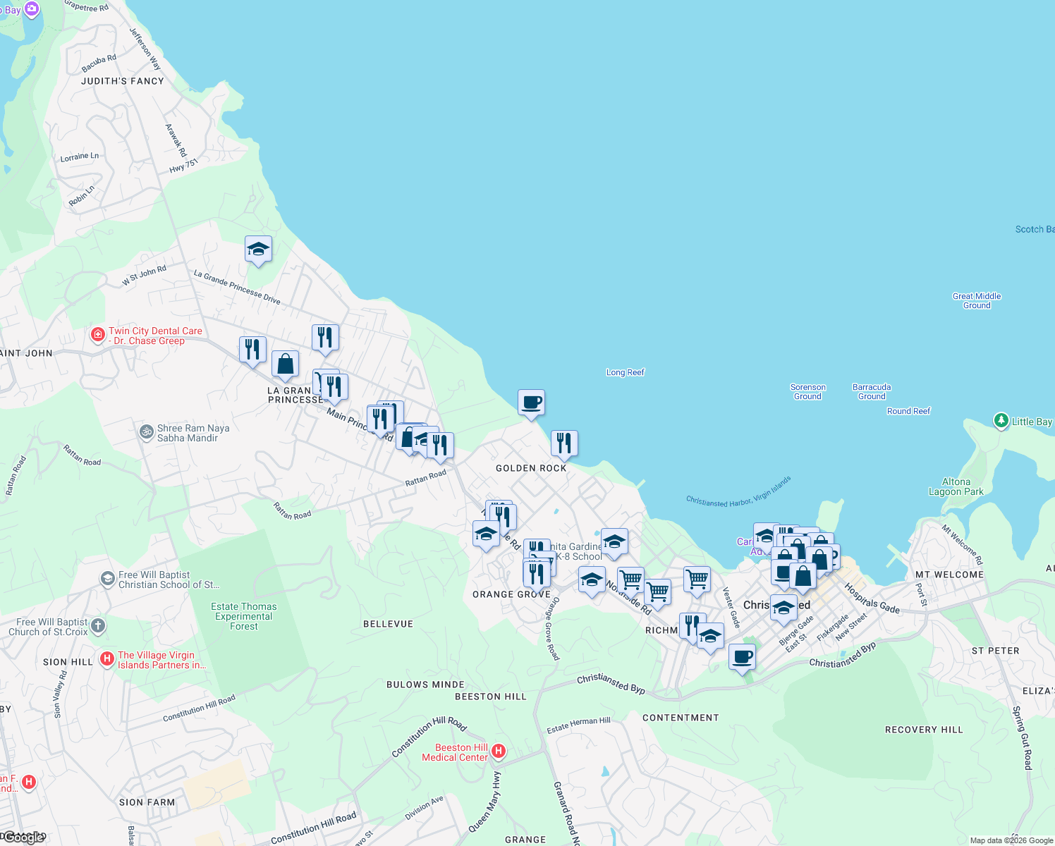 map of restaurants, bars, coffee shops, grocery stores, and more near 3220 Estate Golden Rock in Christiansted