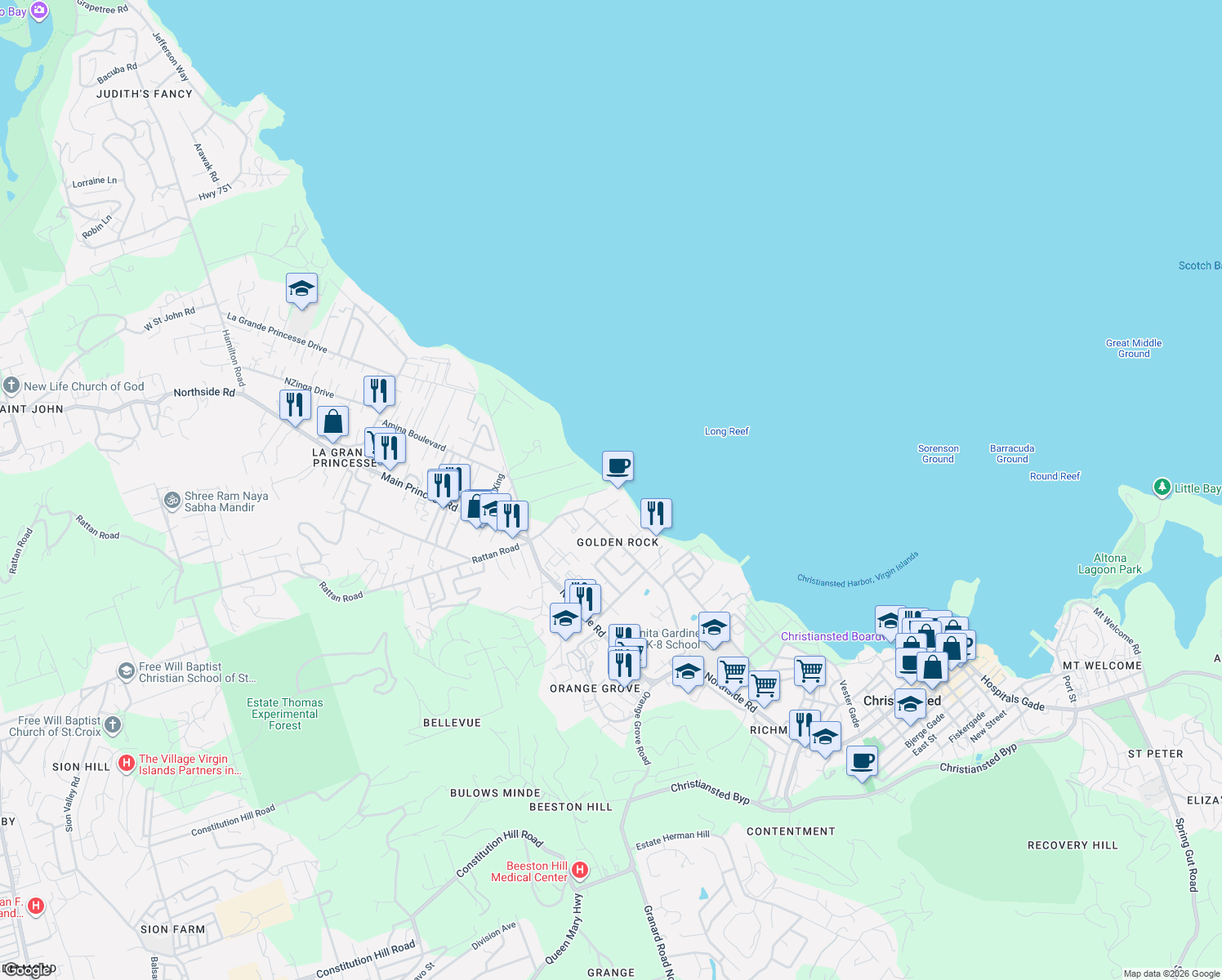 map of restaurants, bars, coffee shops, grocery stores, and more near 3220 Estate Golden Rock in Christiansted