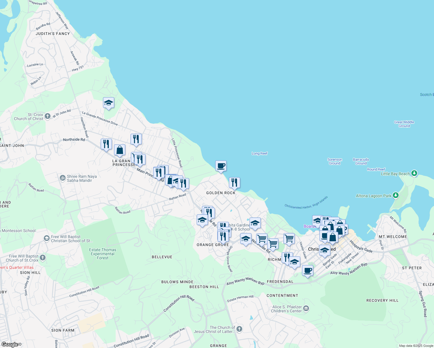 map of restaurants, bars, coffee shops, grocery stores, and more near 3013 Estate Golden Rock in Christiansted
