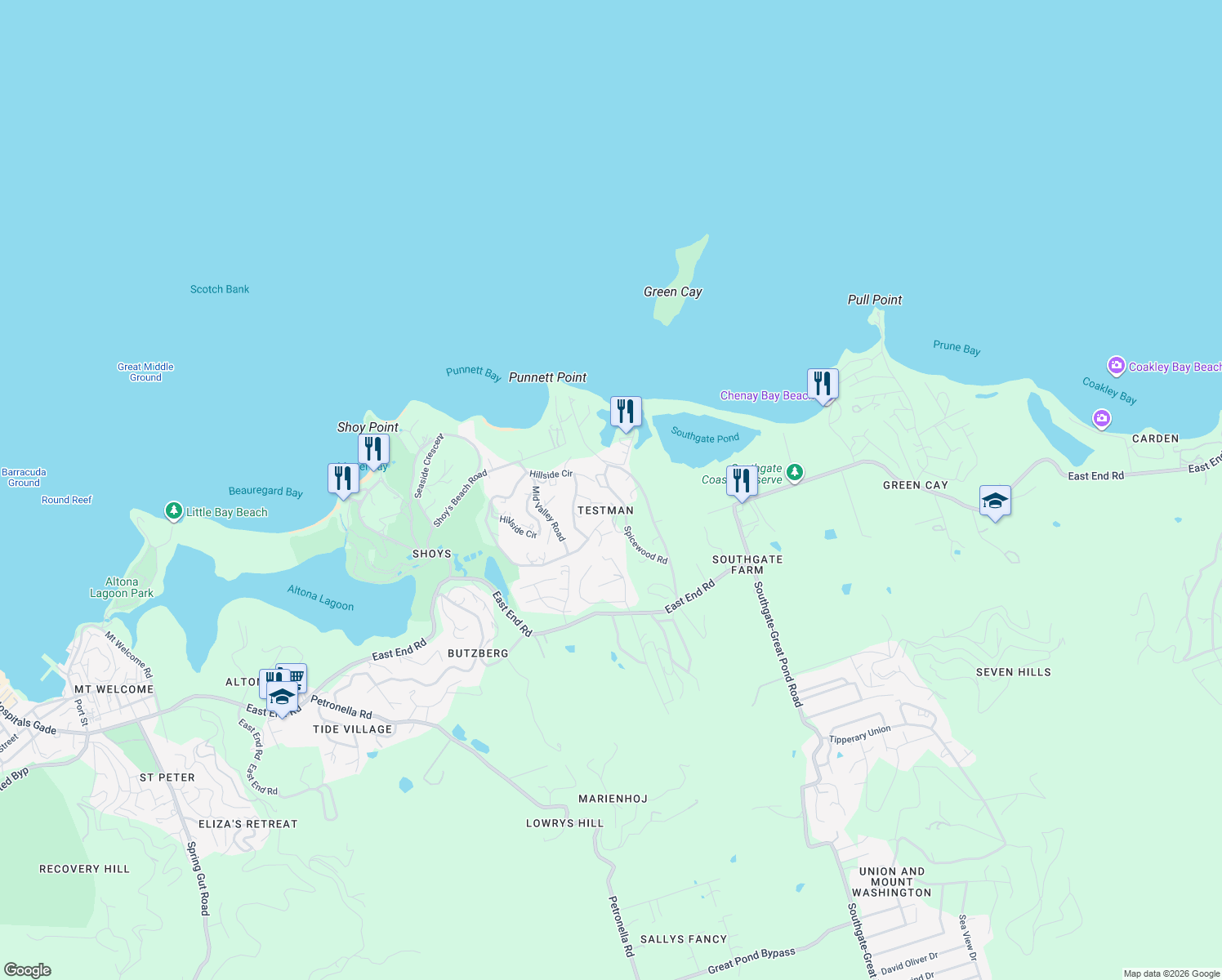 map of restaurants, bars, coffee shops, grocery stores, and more near 24 Spicewood Road in Christiansted