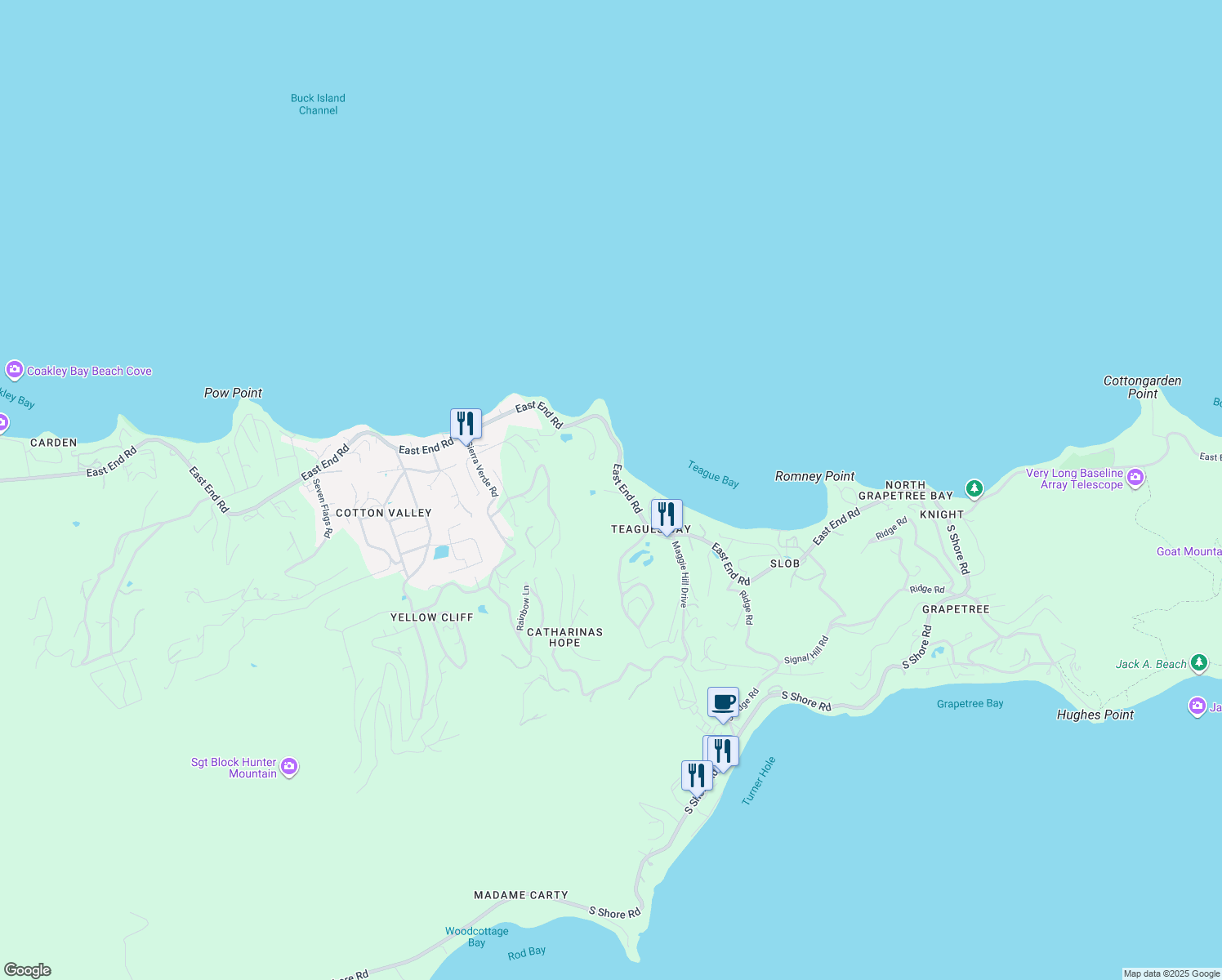 map of restaurants, bars, coffee shops, grocery stores, and more near East End Road in Christiansted