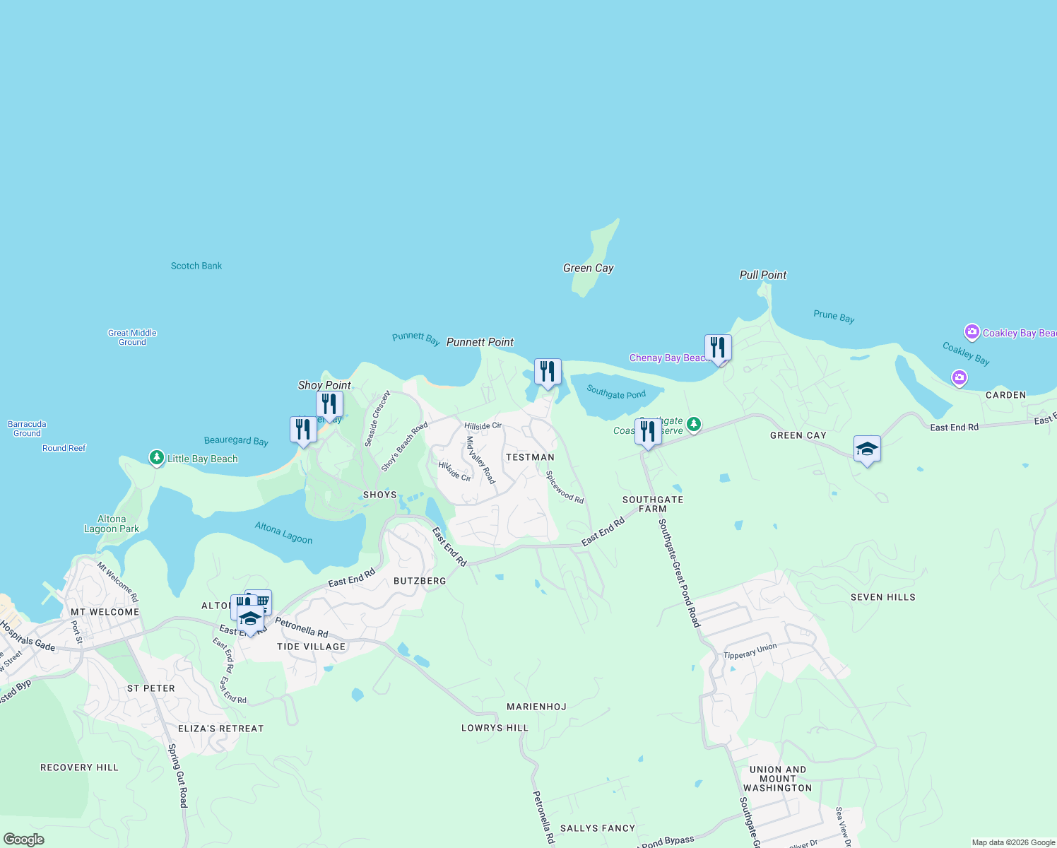 map of restaurants, bars, coffee shops, grocery stores, and more near 24 Spicewood Road in Christiansted