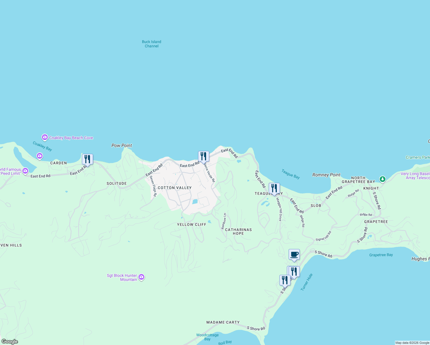 map of restaurants, bars, coffee shops, grocery stores, and more near 228 Sierra Verde Road in Christiansted