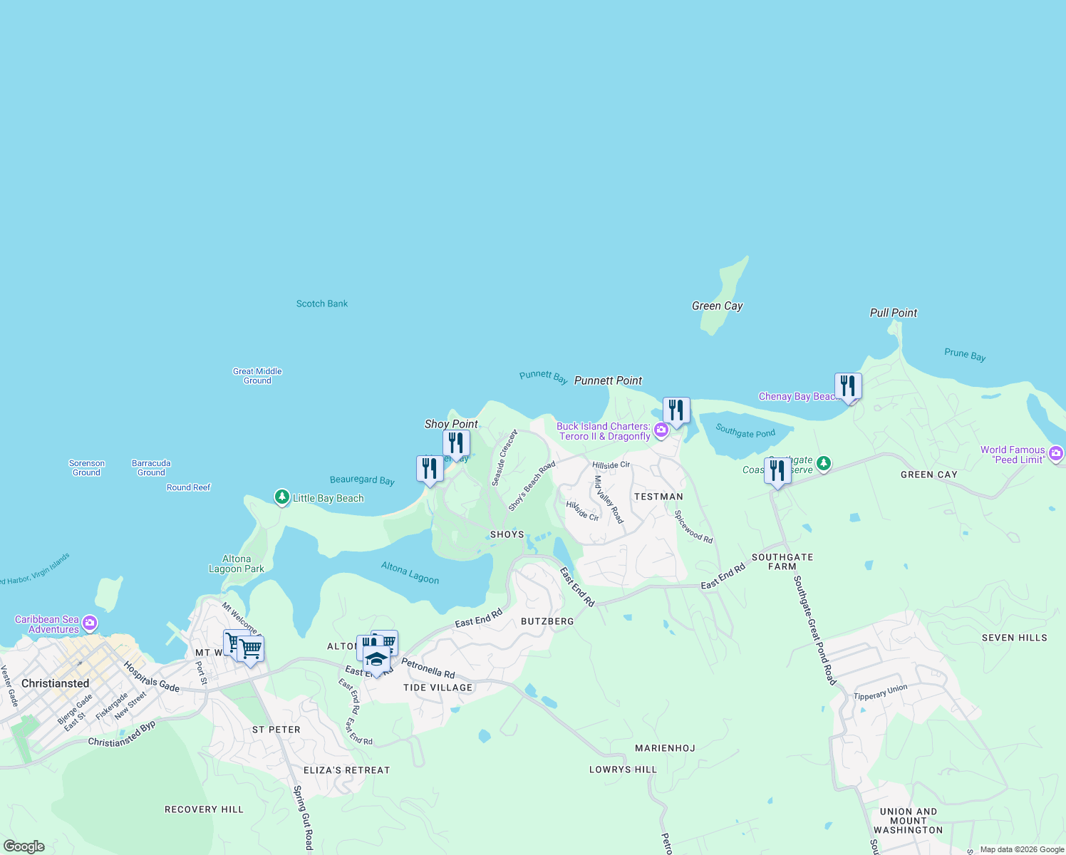 map of restaurants, bars, coffee shops, grocery stores, and more near Unnamed Road in Christiansted