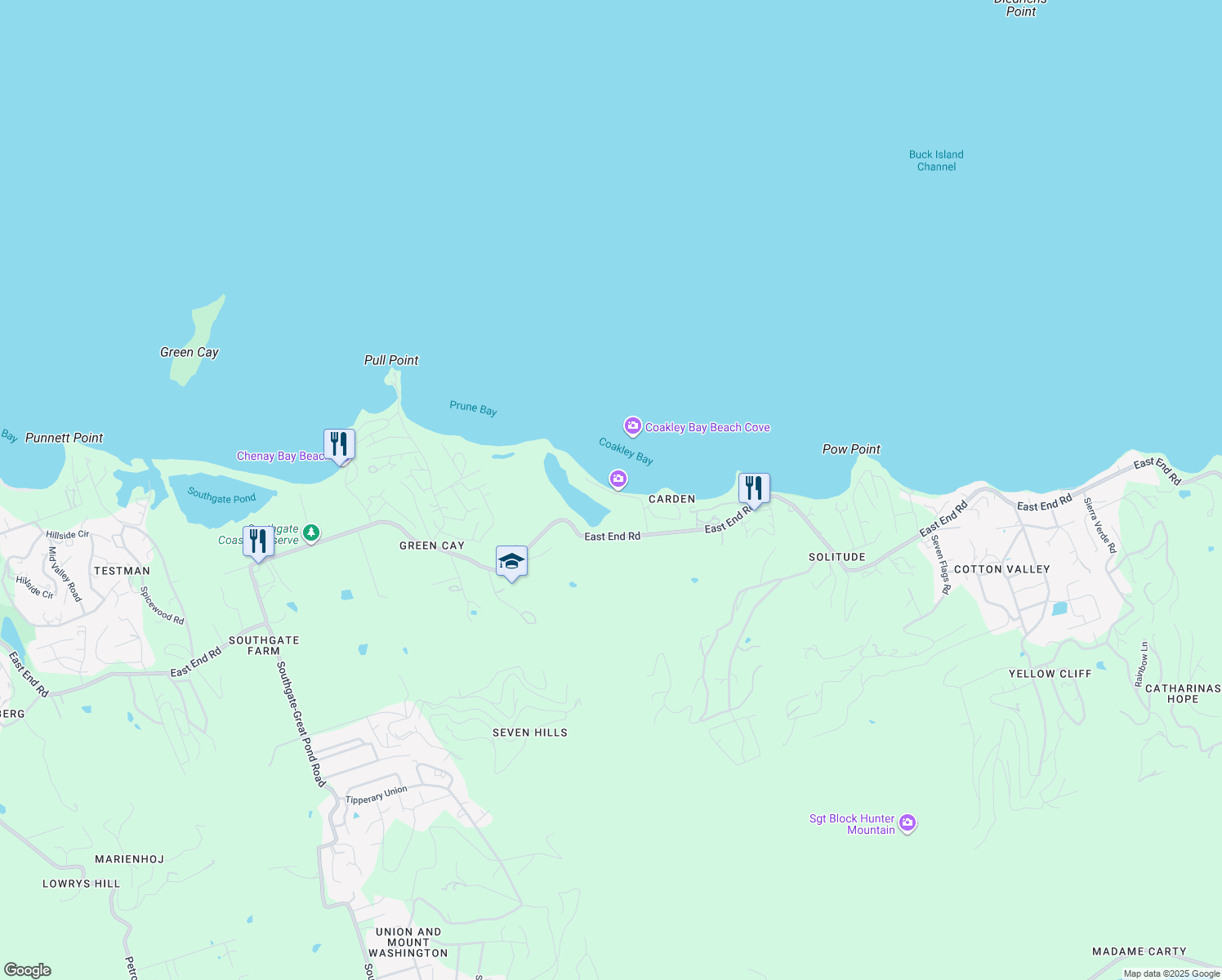 map of restaurants, bars, coffee shops, grocery stores, and more near East End Road in Christiansted