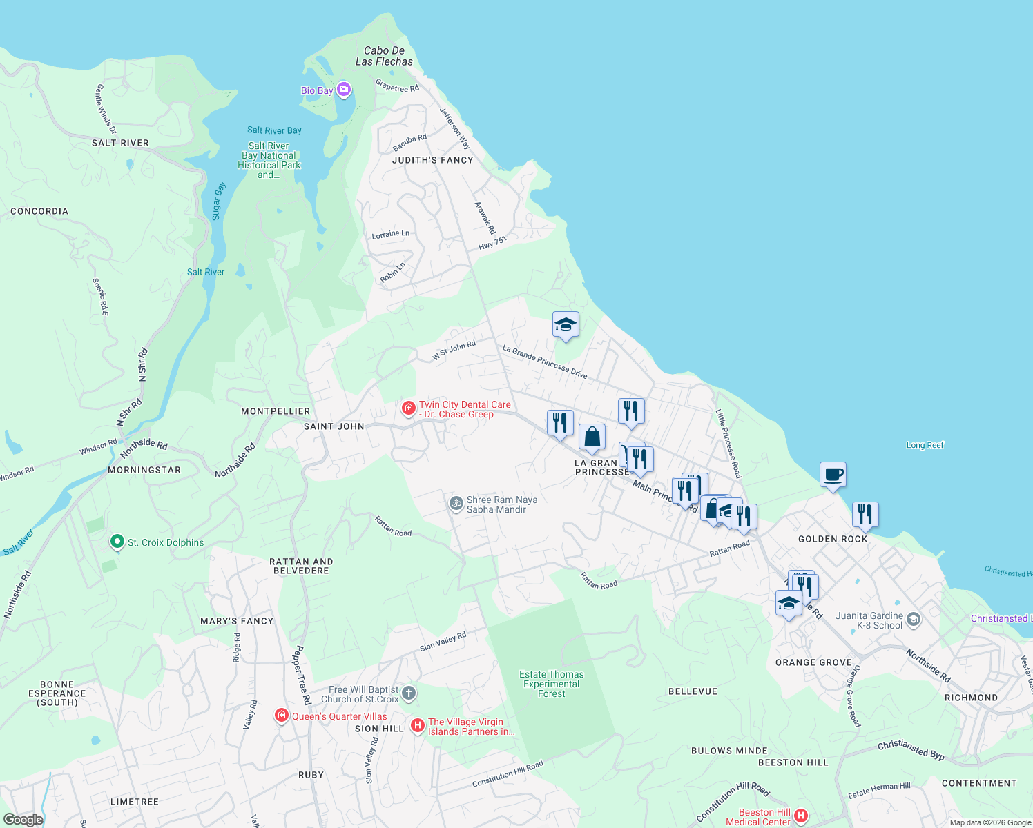 map of restaurants, bars, coffee shops, grocery stores, and more near Northshore Road in Christiansted