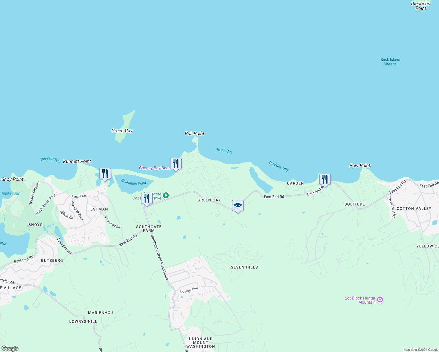 map of restaurants, bars, coffee shops, grocery stores, and more near Ms Bea Road in Christiansted