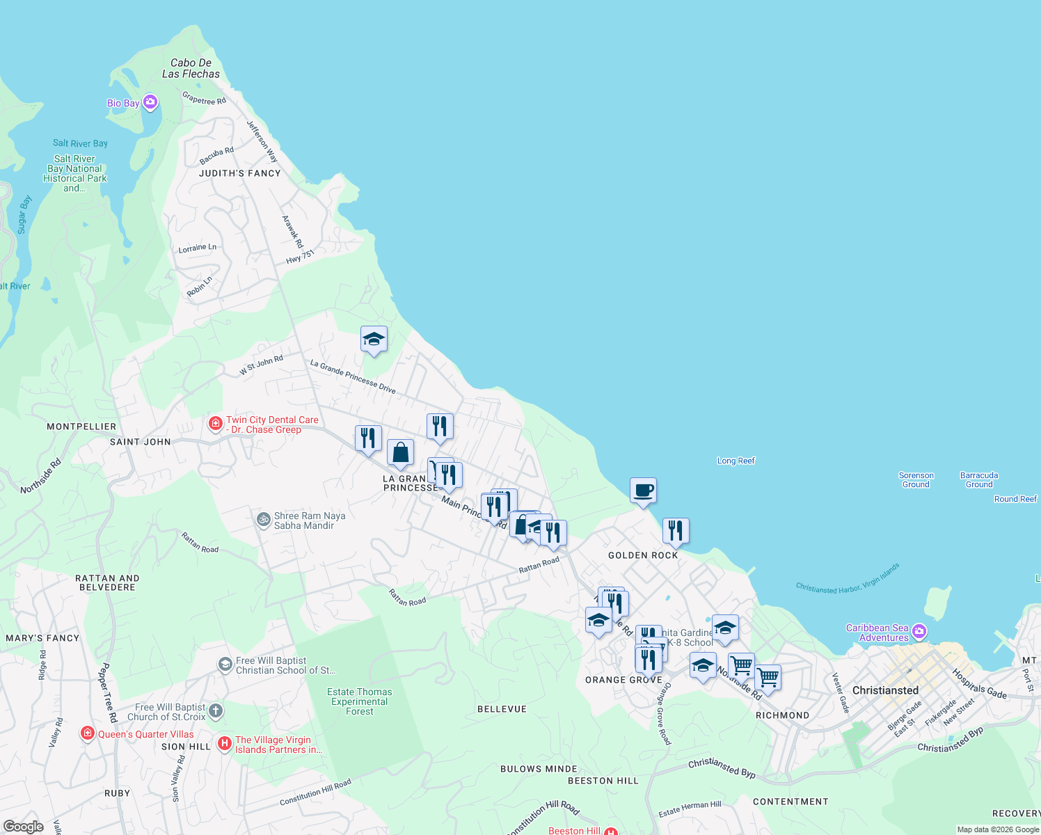 map of restaurants, bars, coffee shops, grocery stores, and more near Unnamed Road in Christiansted