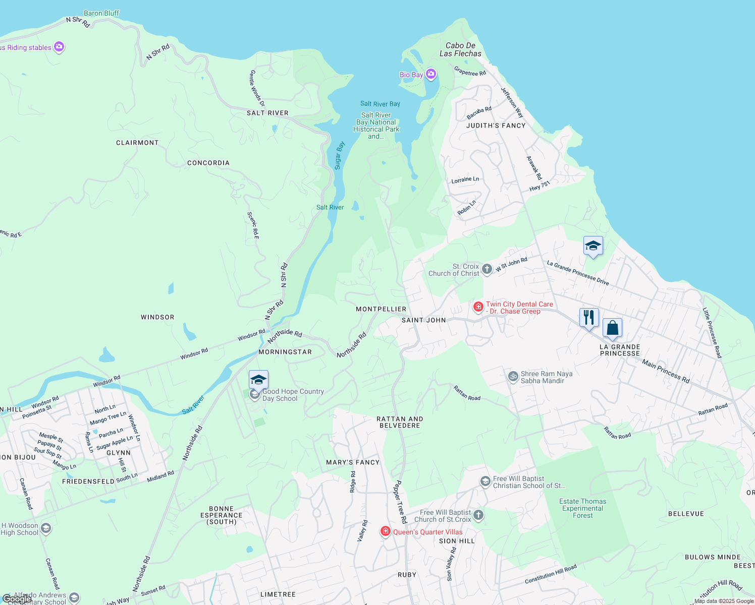 map of restaurants, bars, coffee shops, grocery stores, and more near Northside Road in Christiansted