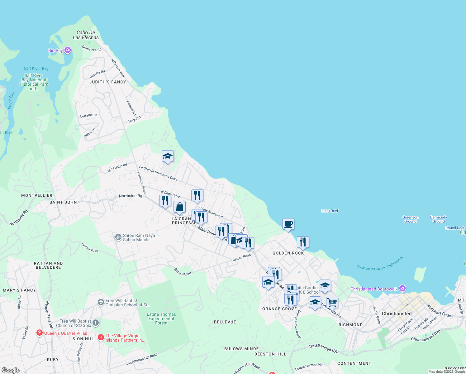 map of restaurants, bars, coffee shops, grocery stores, and more near Unnamed Road in Christiansted