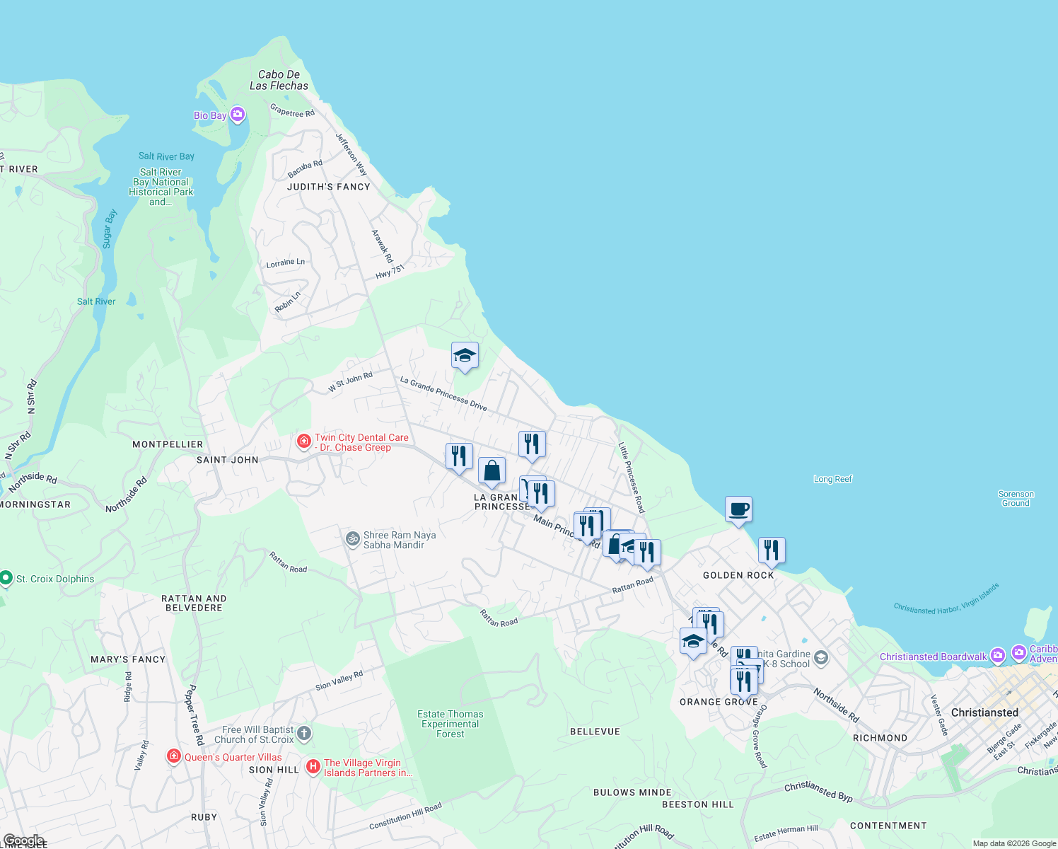 map of restaurants, bars, coffee shops, grocery stores, and more near Northshore Road in Christiansted