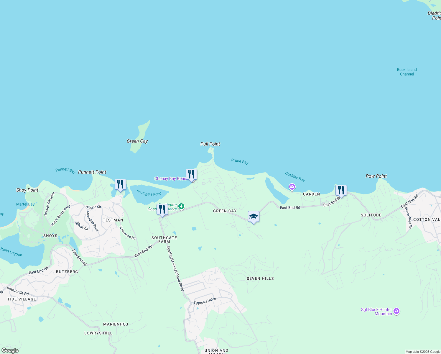 map of restaurants, bars, coffee shops, grocery stores, and more near Ms Bea Road in Christiansted