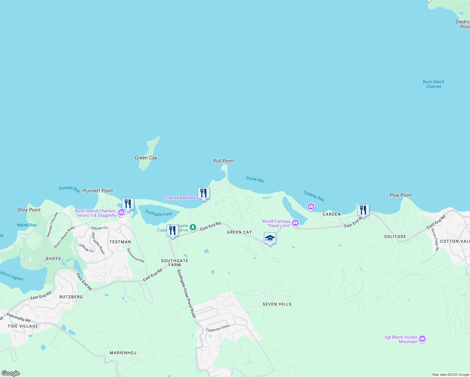 map of restaurants, bars, coffee shops, grocery stores, and more near Ms Bea Road in Christiansted