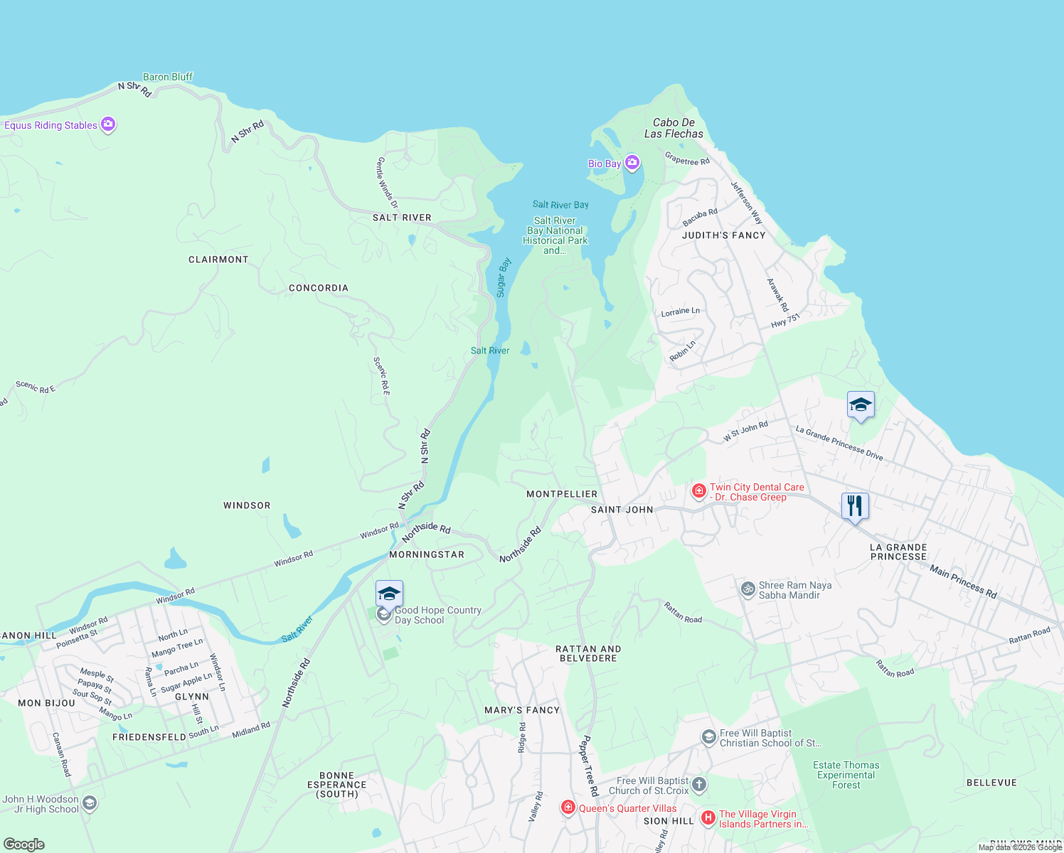 map of restaurants, bars, coffee shops, grocery stores, and more near Unnamed Road in Christiansted