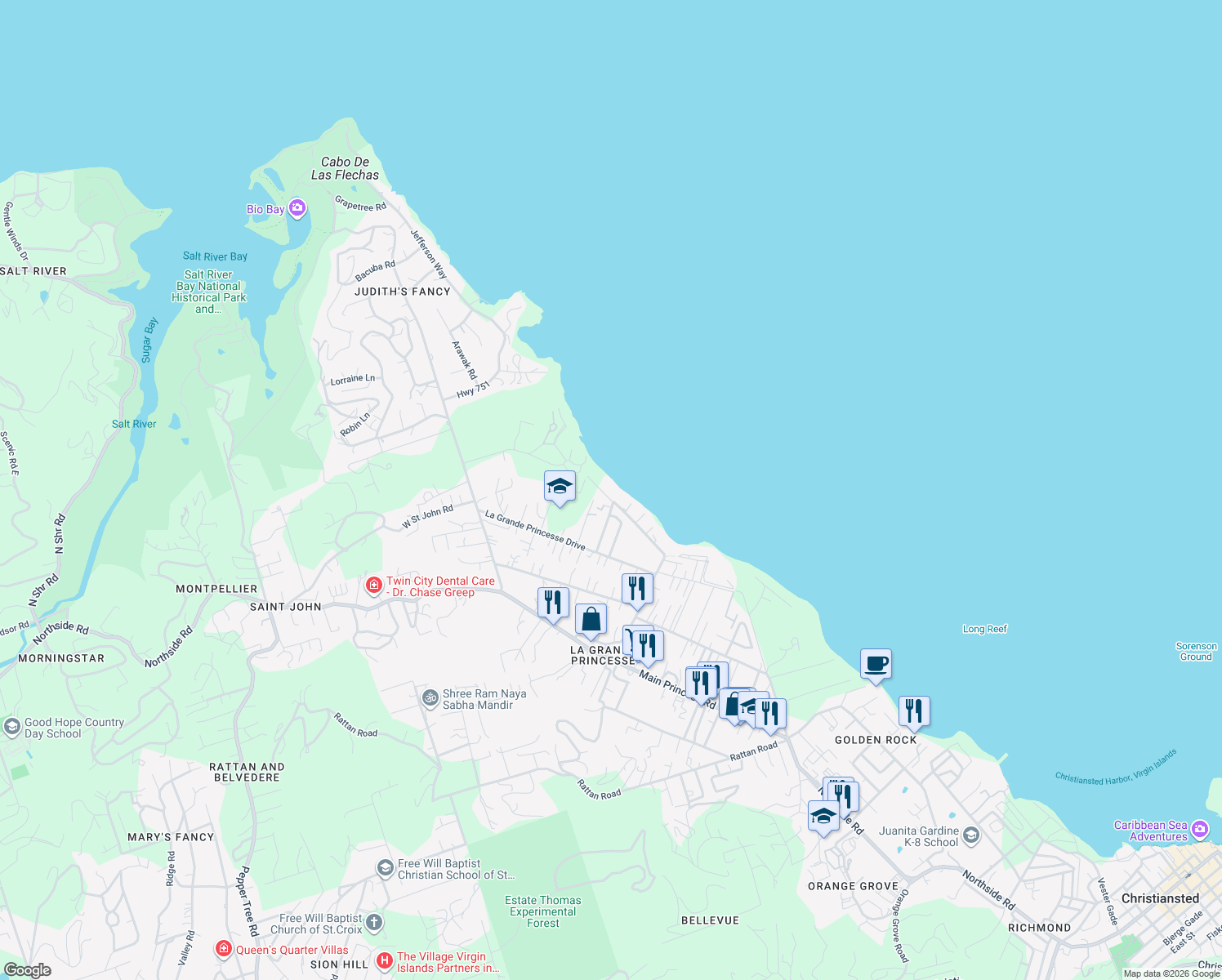 map of restaurants, bars, coffee shops, grocery stores, and more near Route 751 in Christiansted