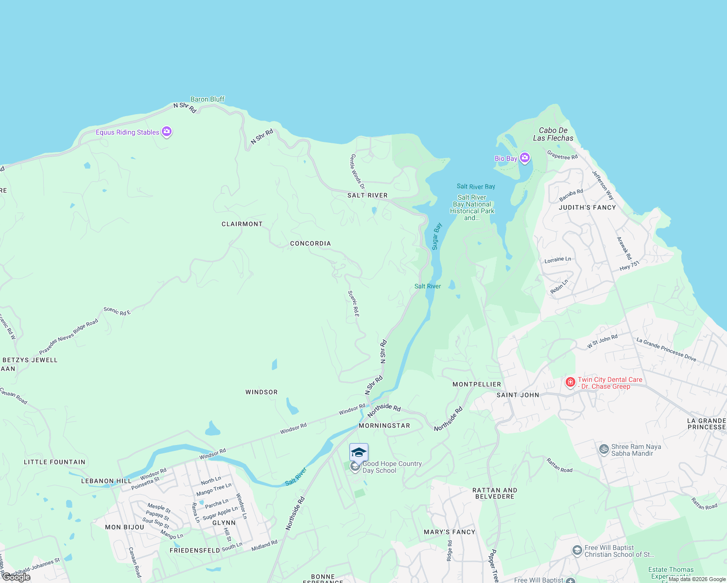 map of restaurants, bars, coffee shops, grocery stores, and more near Scenic Road East in Christiansted