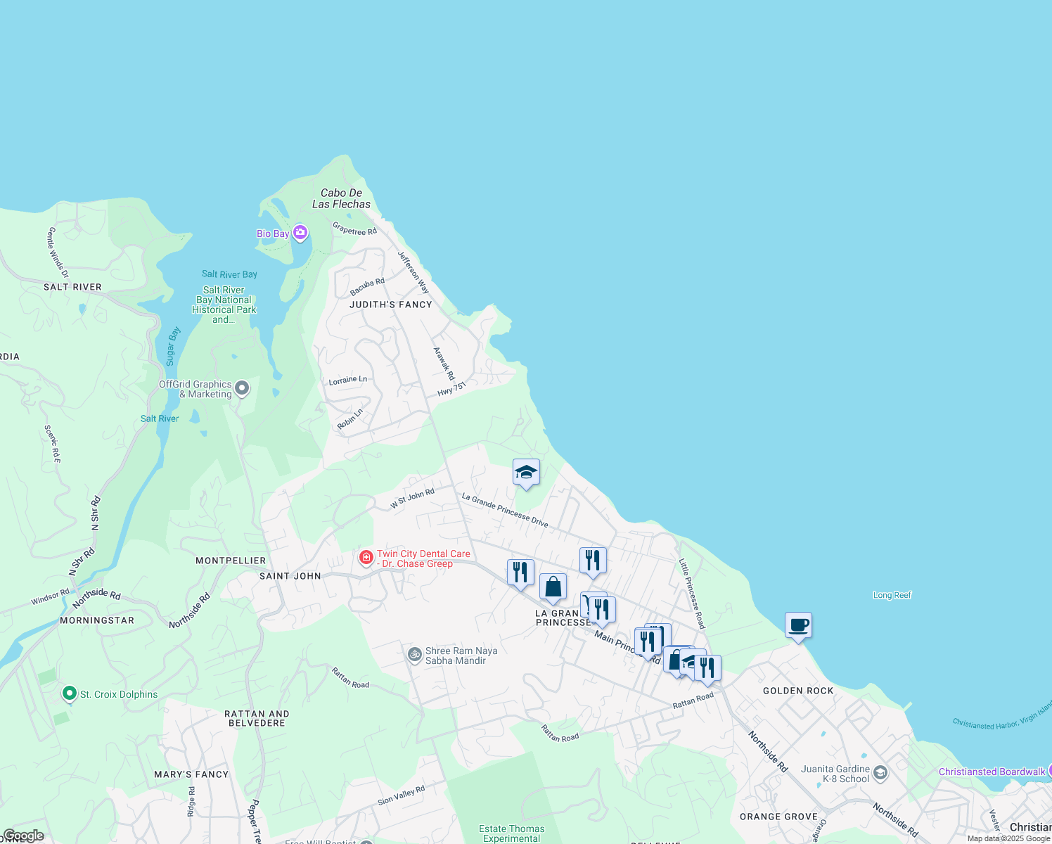 map of restaurants, bars, coffee shops, grocery stores, and more near Unnamed Road in Christiansted