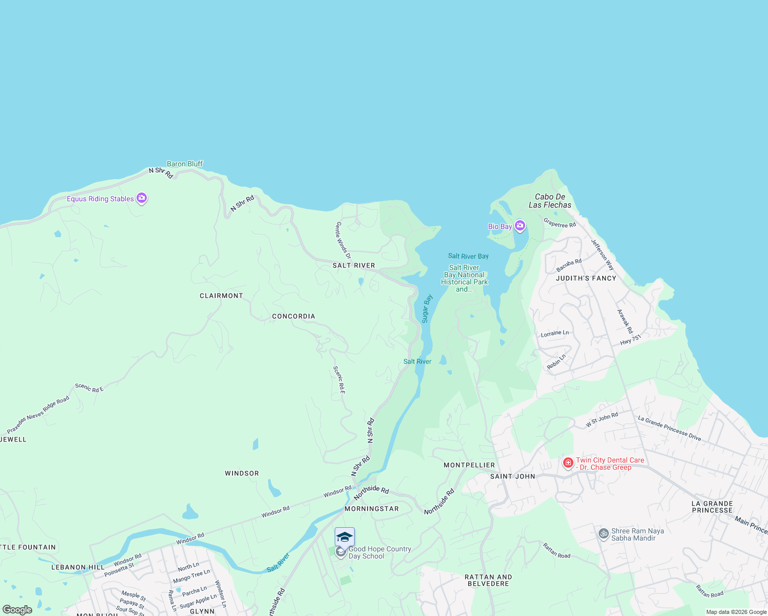 map of restaurants, bars, coffee shops, grocery stores, and more near North Shore Road in Christiansted