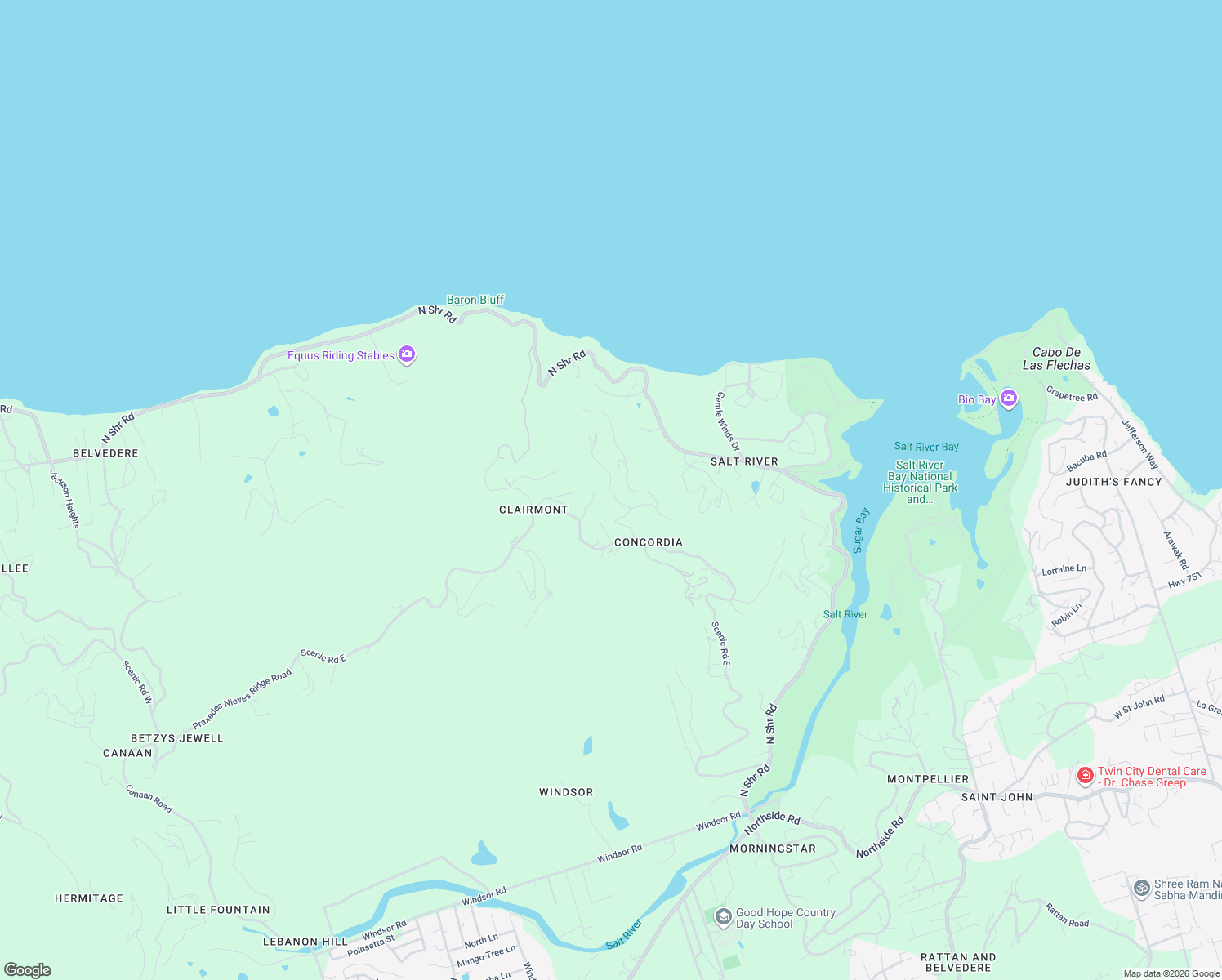 map of restaurants, bars, coffee shops, grocery stores, and more near 86 Orions Perch in Christiansted