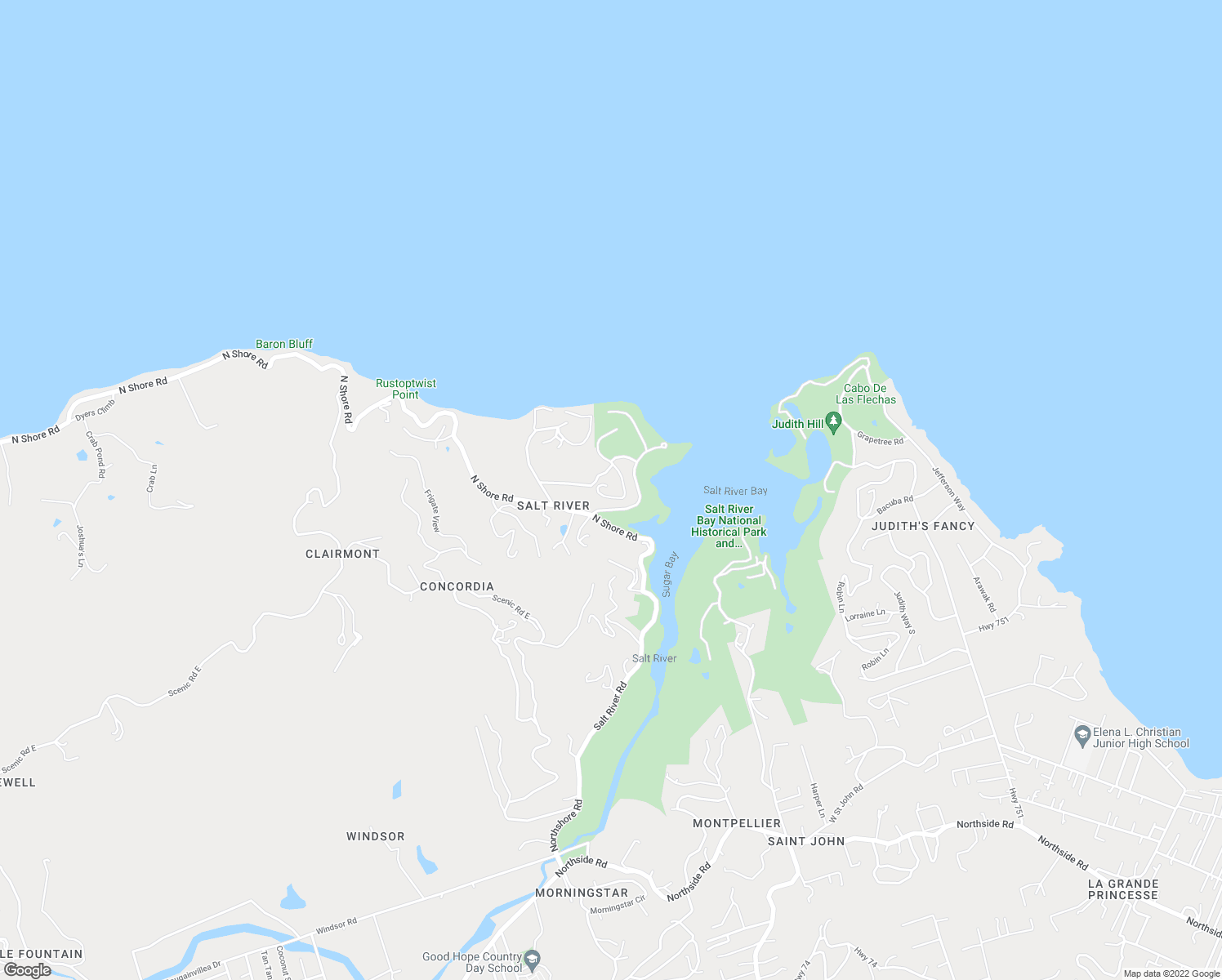 map of restaurants, bars, coffee shops, grocery stores, and more near North Shore Road in Christiansted