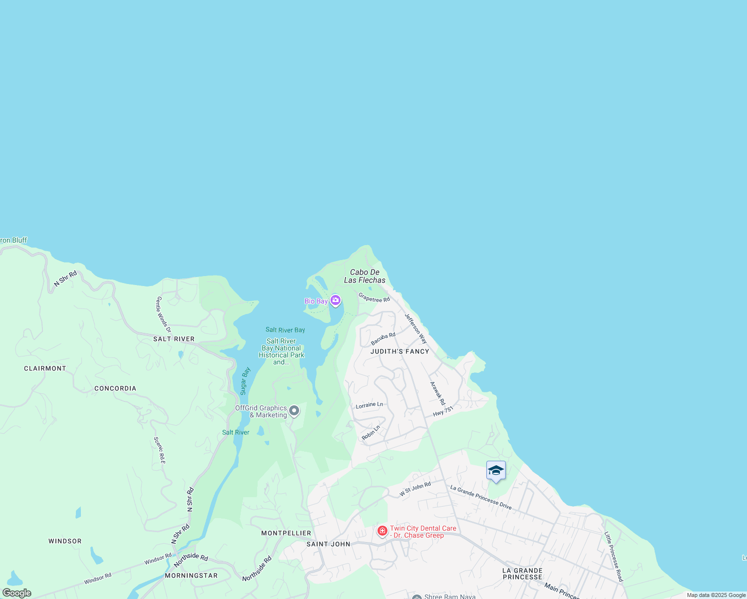 map of restaurants, bars, coffee shops, grocery stores, and more near Grapetree Road in Christiansted