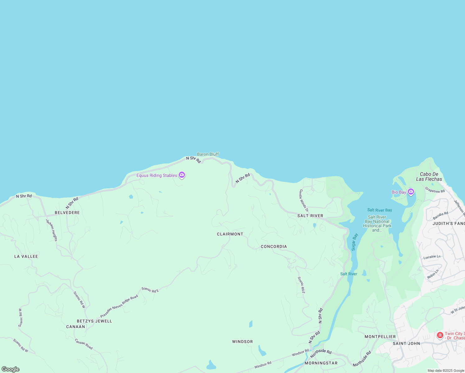 map of restaurants, bars, coffee shops, grocery stores, and more near North Shore Road in Christiansted