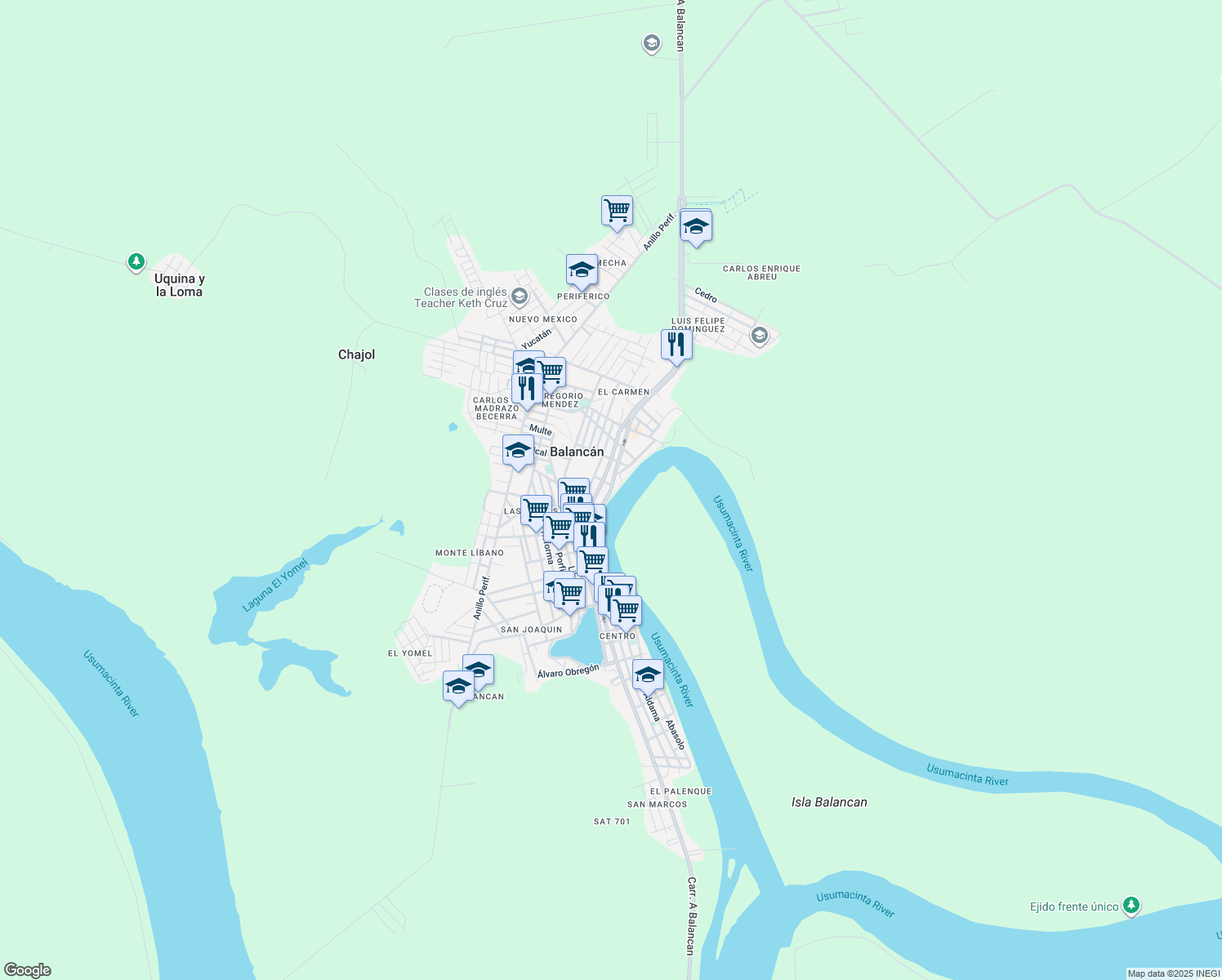 map of restaurants, bars, coffee shops, grocery stores, and more near Carretera a Balancan in Balancán