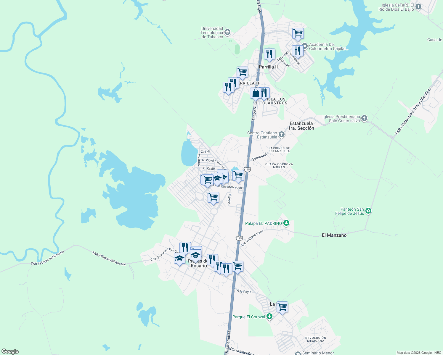 map of restaurants, bars, coffee shops, grocery stores, and more near Calle Isabel in Playas del Rosario