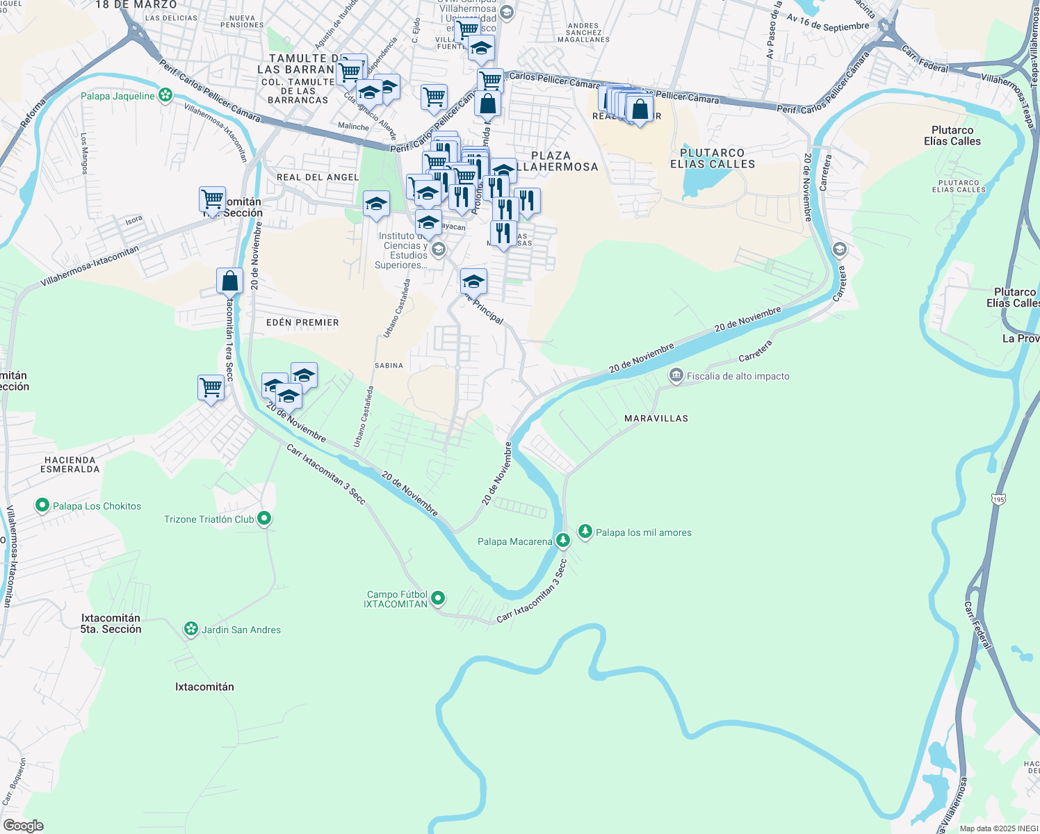 map of restaurants, bars, coffee shops, grocery stores, and more near 20 de Noviembre in Villahermosa