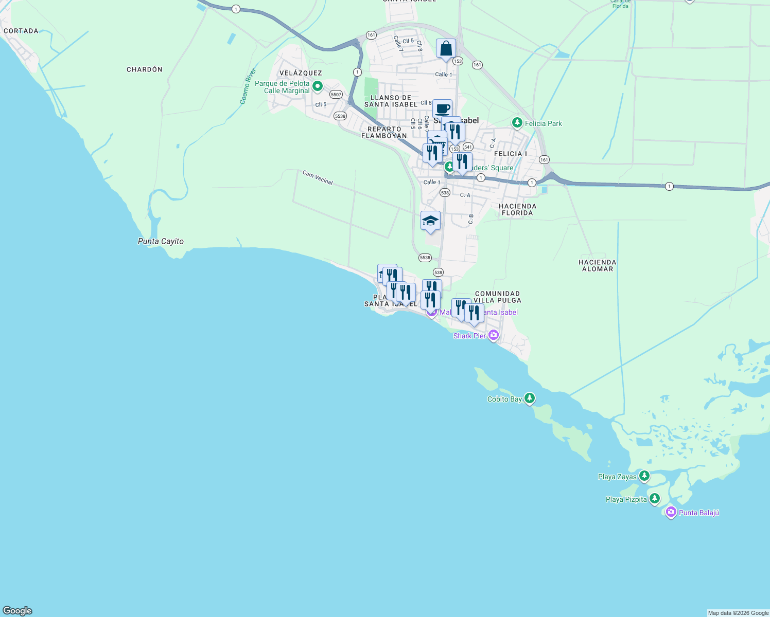 map of restaurants, bars, coffee shops, grocery stores, and more near Calle Aquamarina in Santa Isabel
