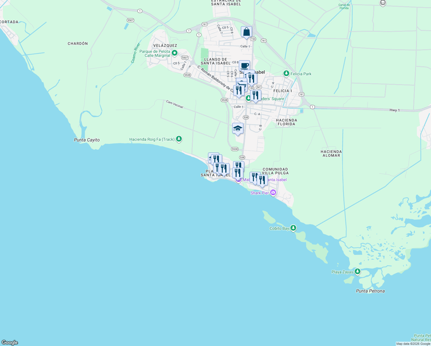 map of restaurants, bars, coffee shops, grocery stores, and more near Calle Aquamarina in Santa Isabel