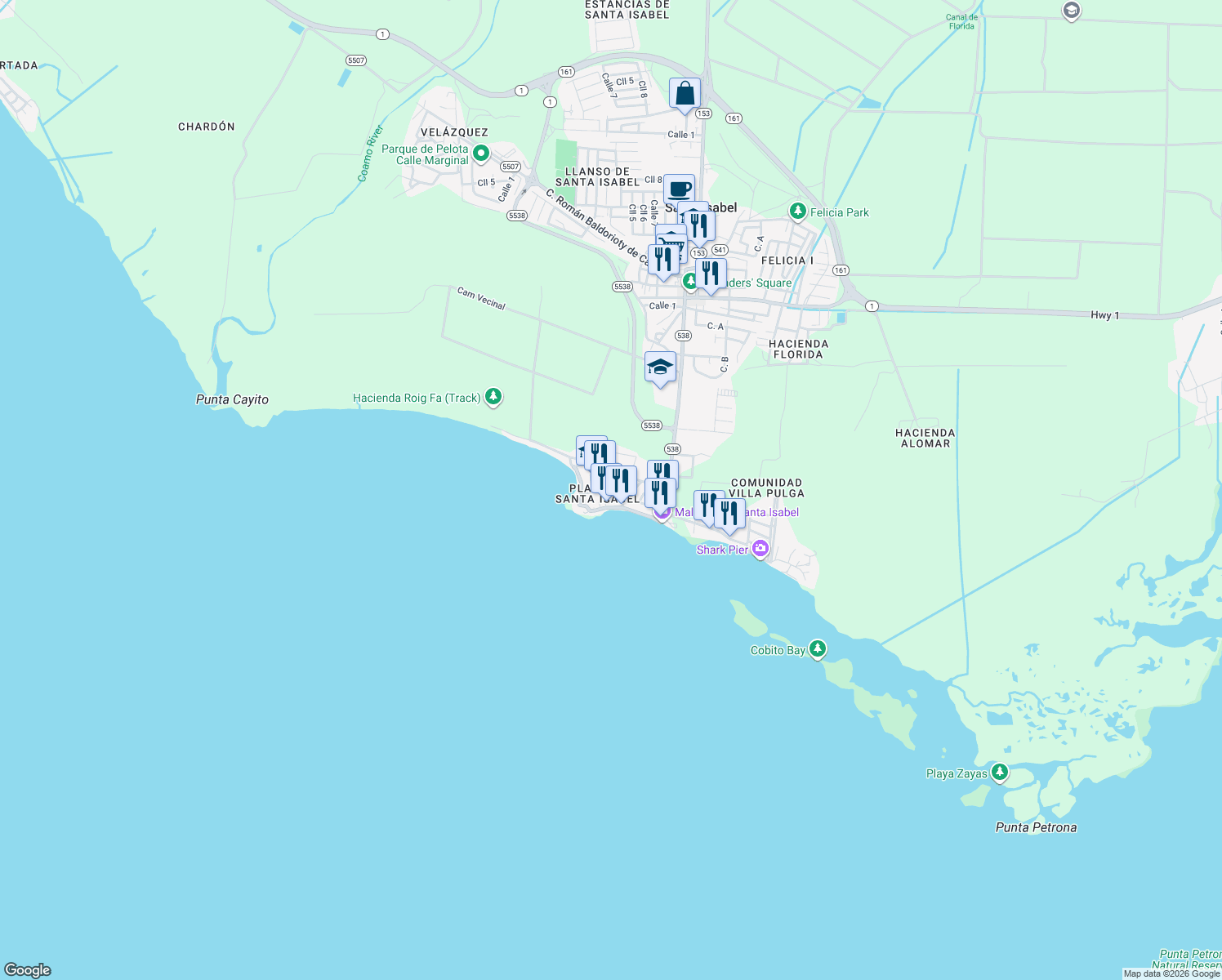 map of restaurants, bars, coffee shops, grocery stores, and more near Calle Aquamarina in Santa Isabel