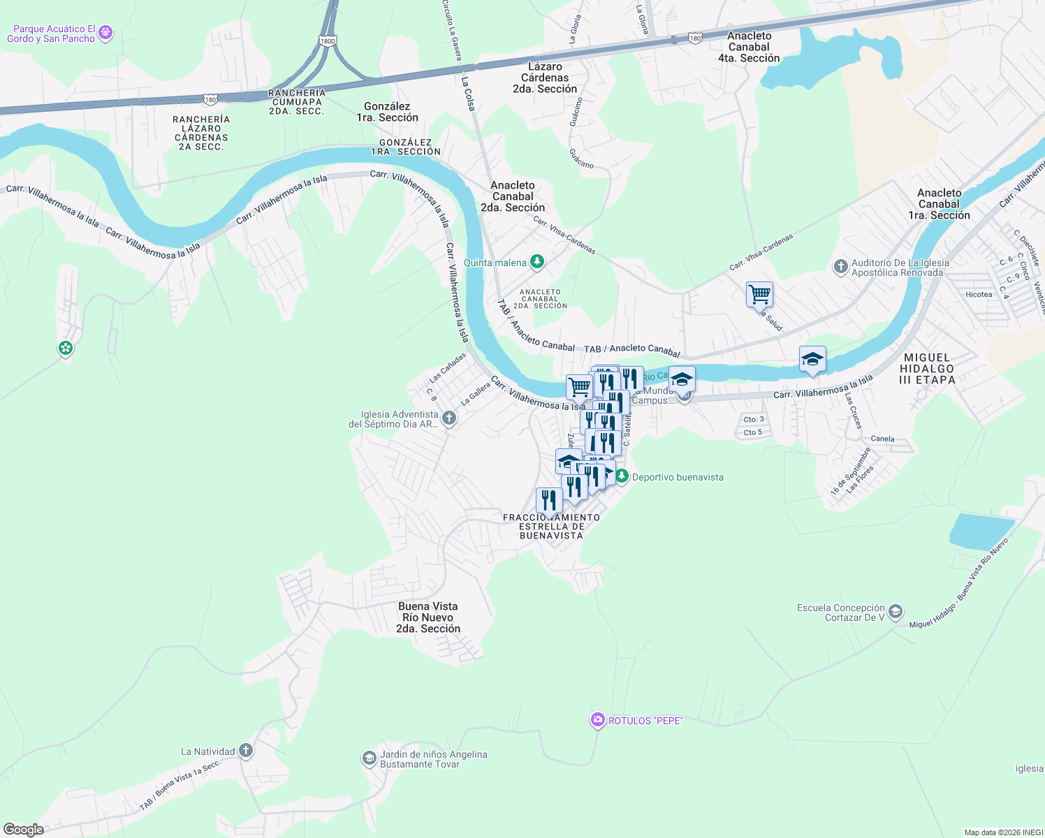 map of restaurants, bars, coffee shops, grocery stores, and more near in Villahermosa