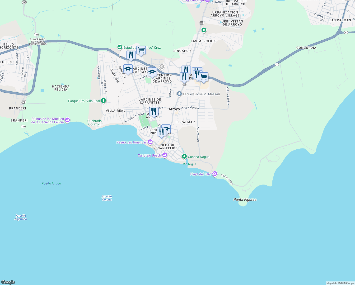 map of restaurants, bars, coffee shops, grocery stores, and more near 7 Calle Santa Teresa in Arroyo